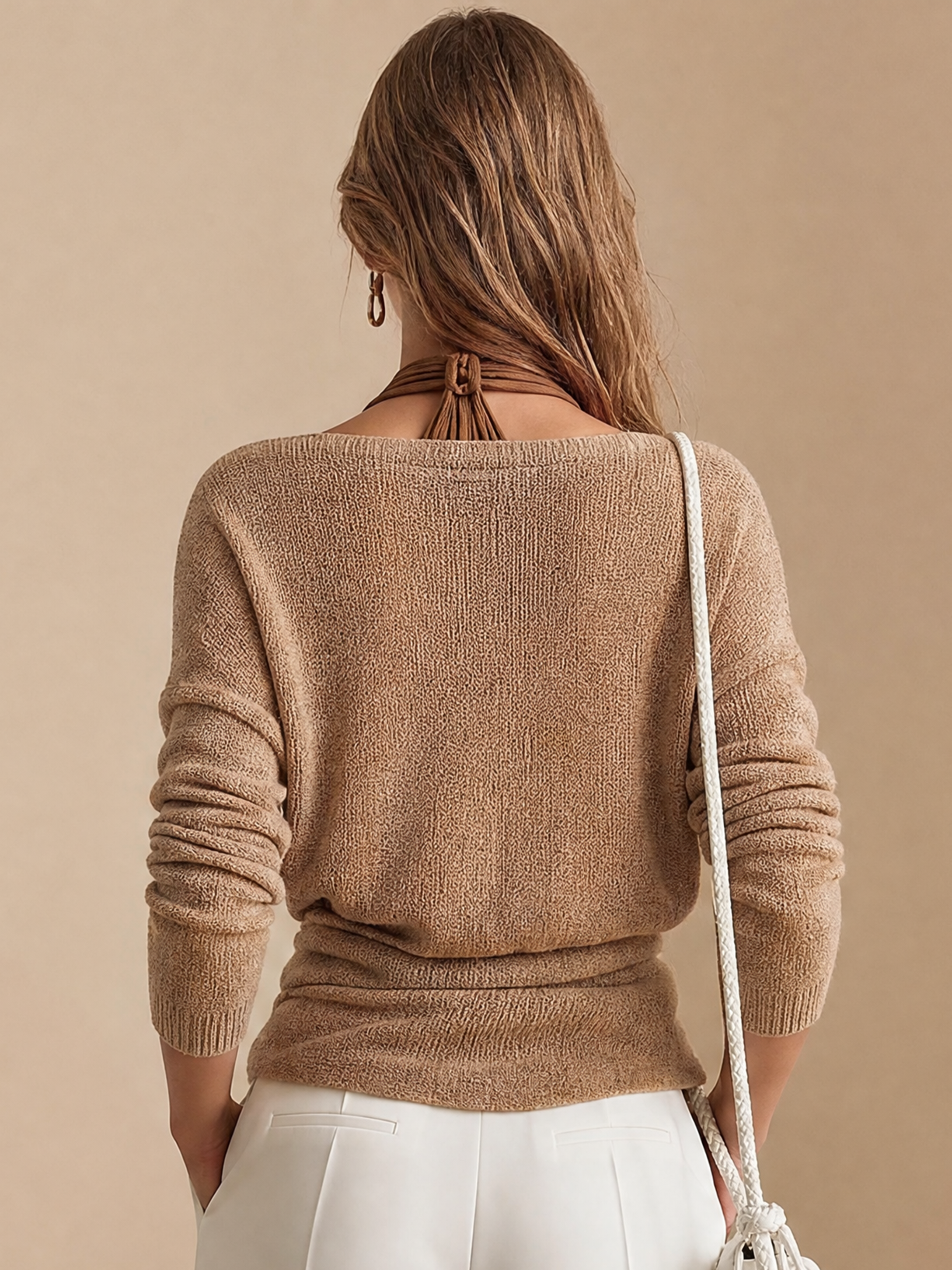 Elegant Brown Ribbed Halter Knit Top & Cardigan Two-Piece Set