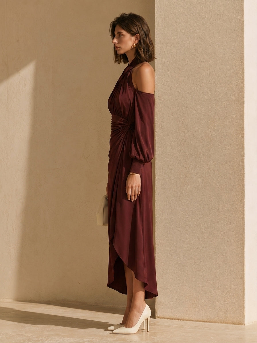 Burgundy Long-sleeved Halter Dress