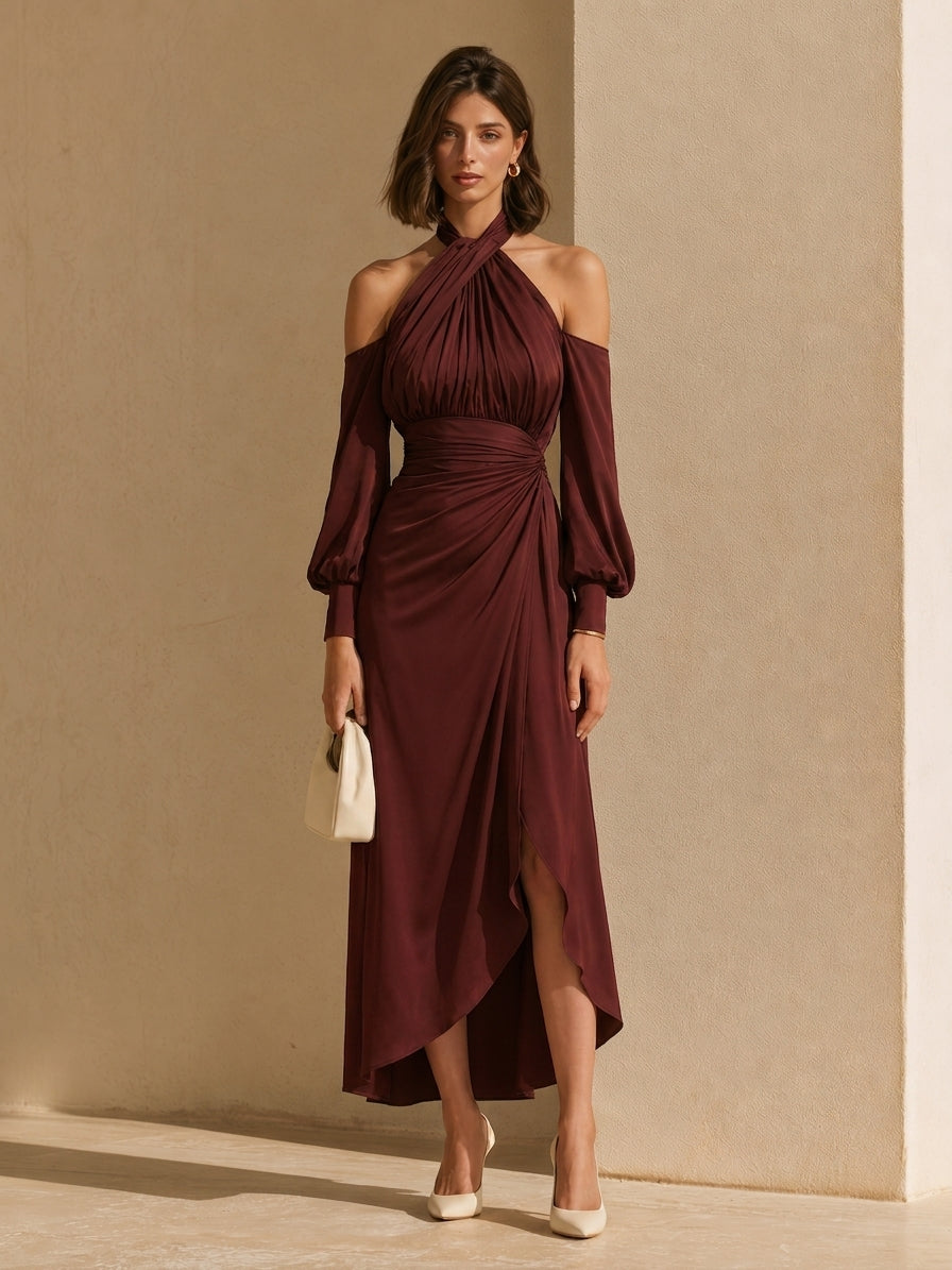 Burgundy Long-sleeved Halter Dress