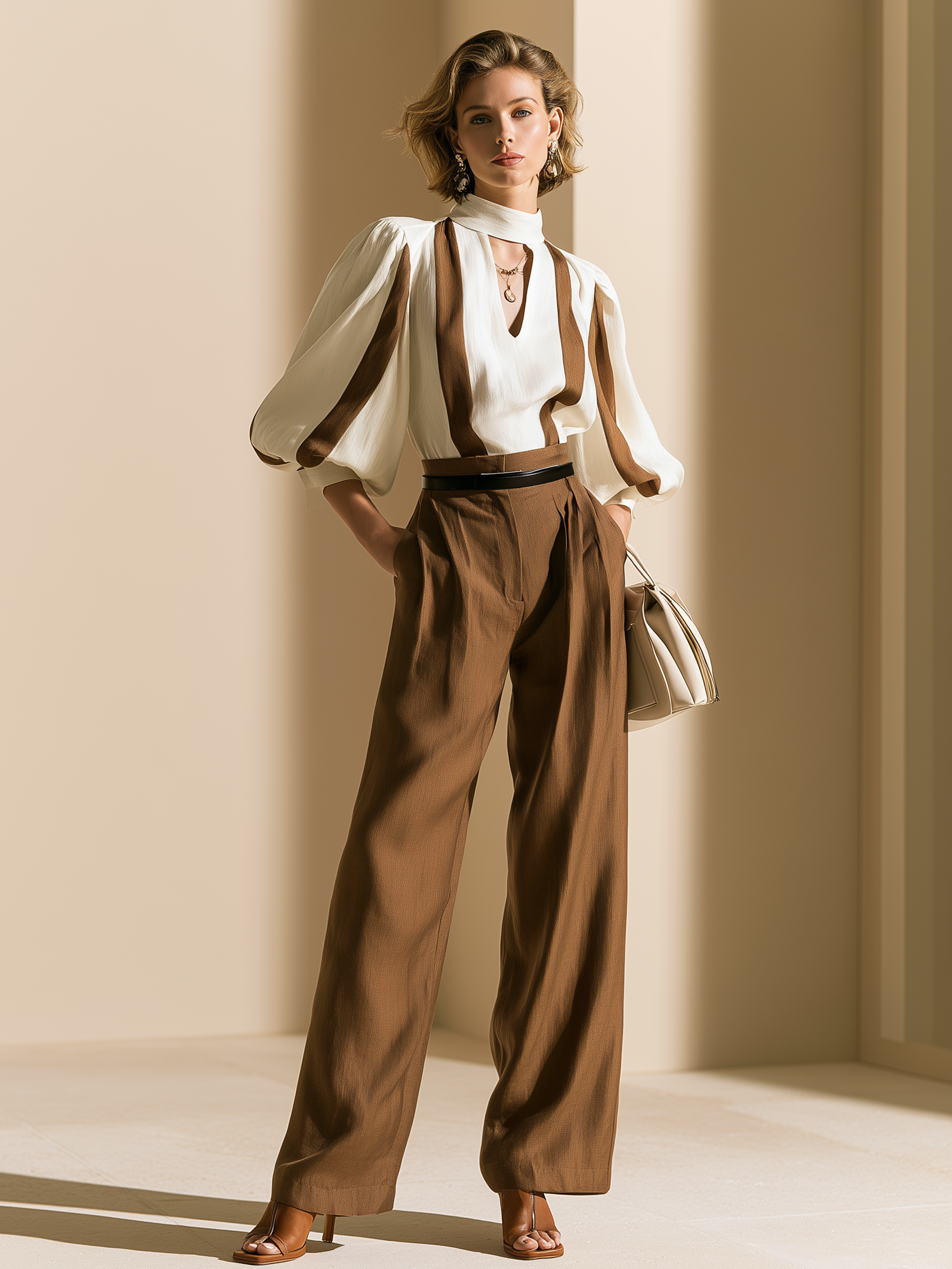 Elegant White V-Neck Puff Sleeve Blouse & Brown Wide-Leg Pants Set