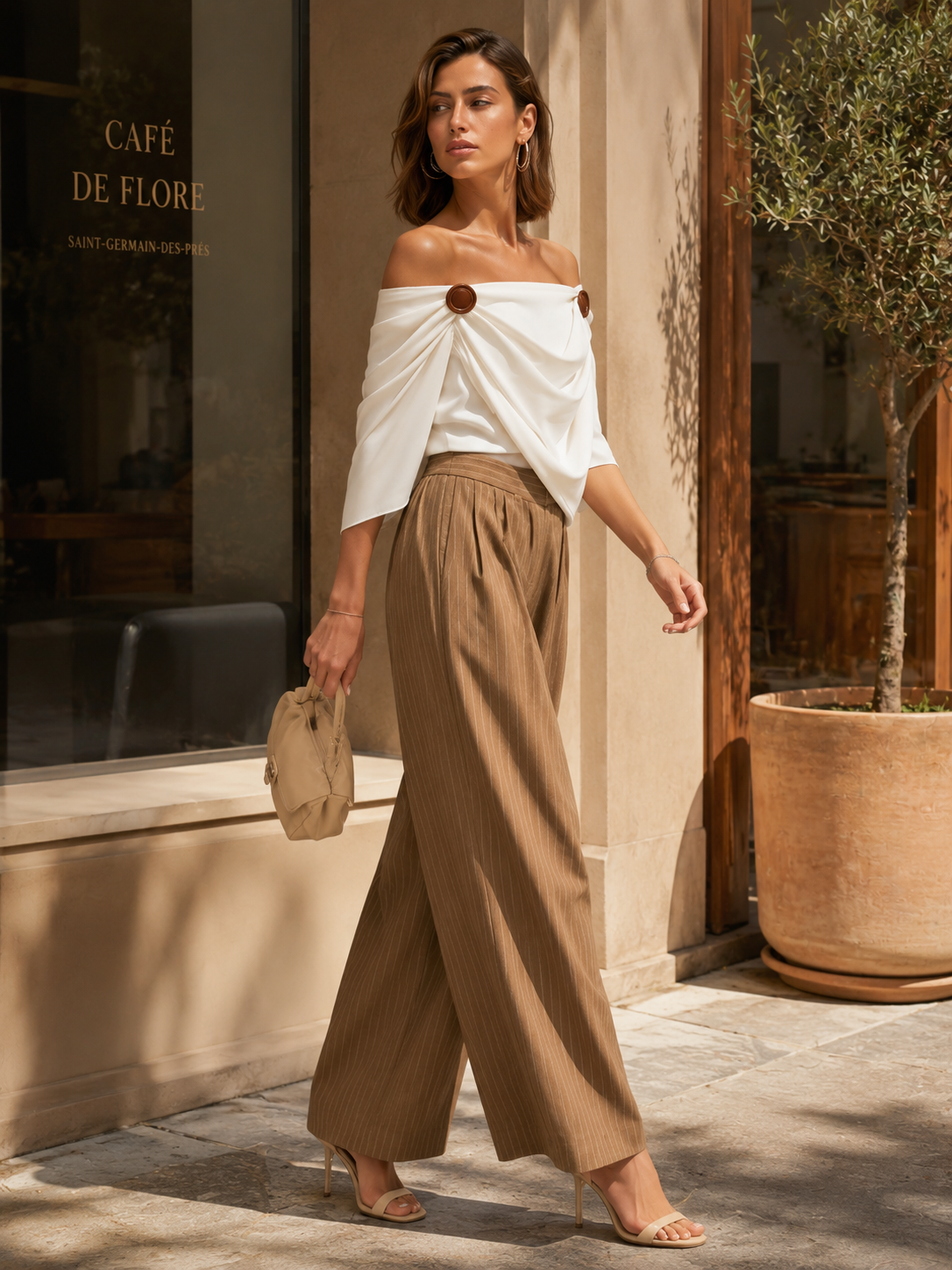 White Shawl-collar Top And Brown Trousers Set