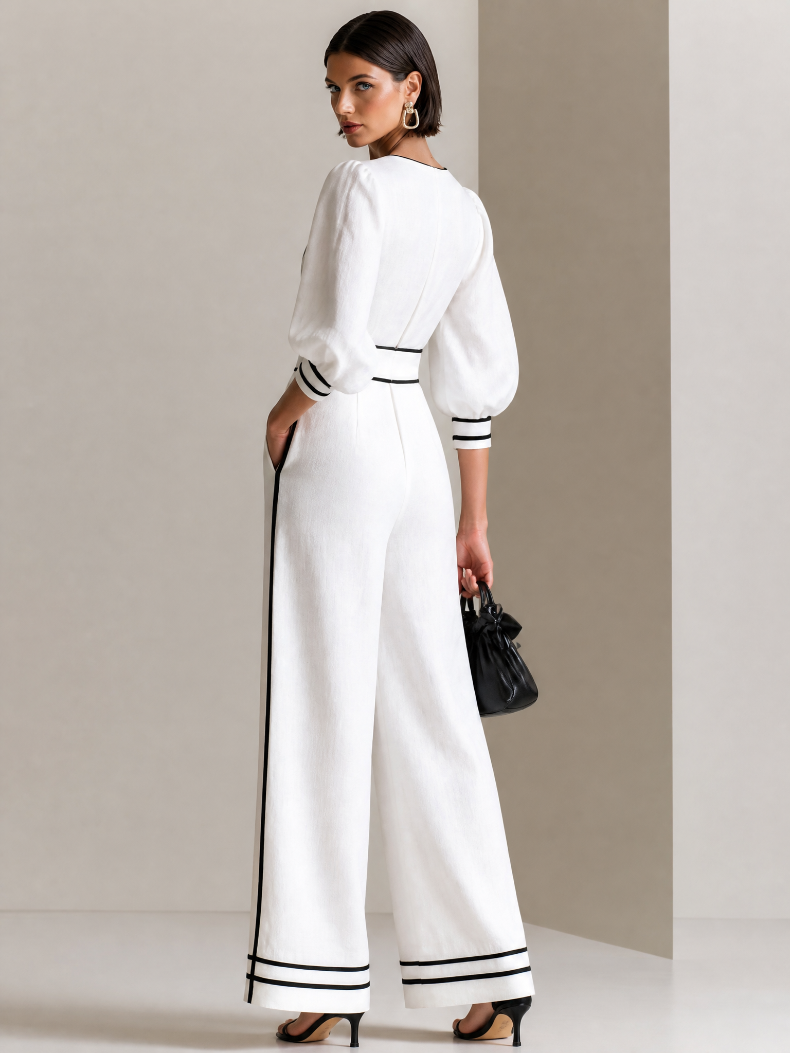 Linen Contrast Piping Puff Sleeve Wide Leg Jumpsuit