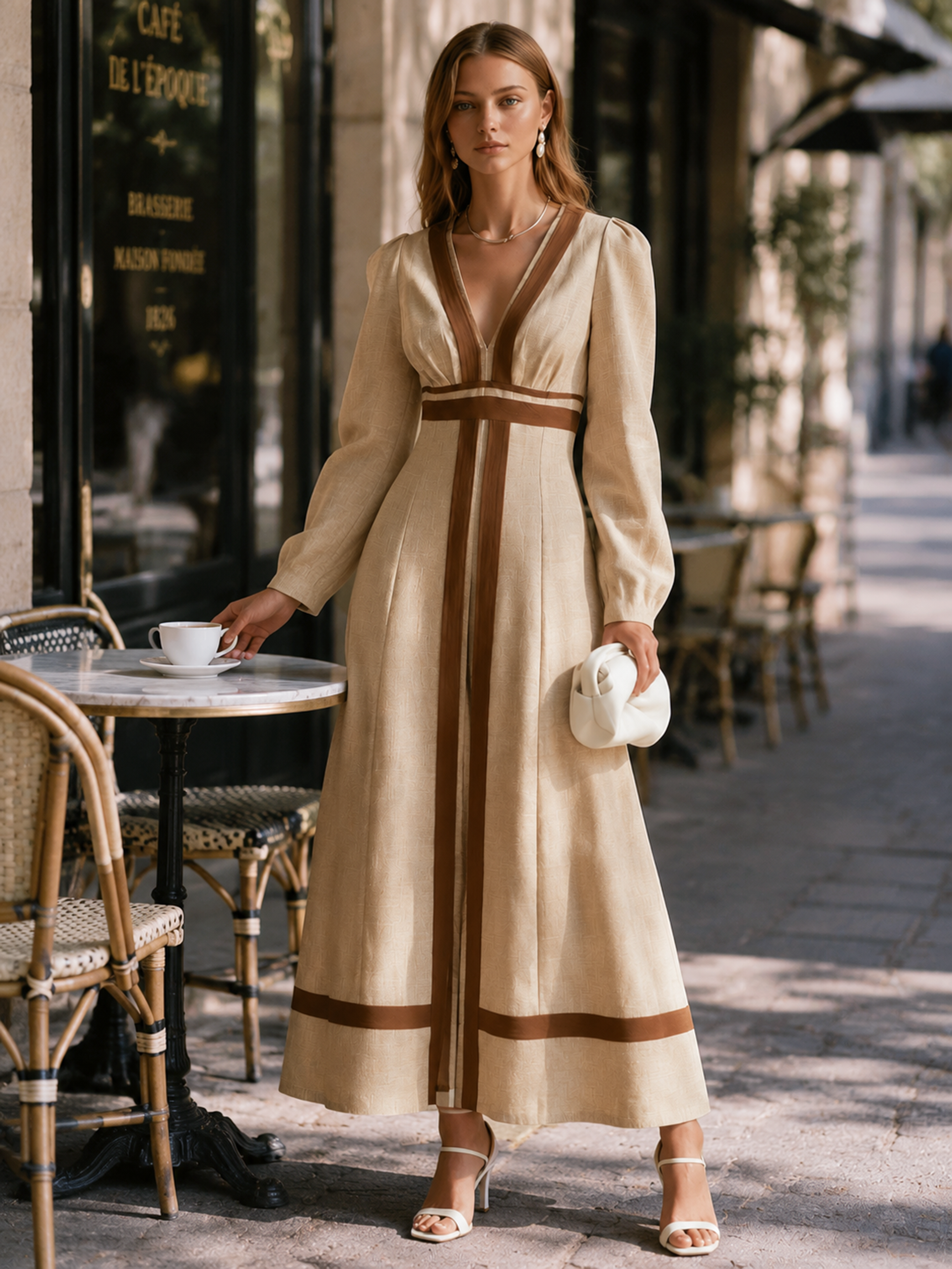 Elegant Khaki Contrast Trim Linen Blend V-Neck Midi Dress
