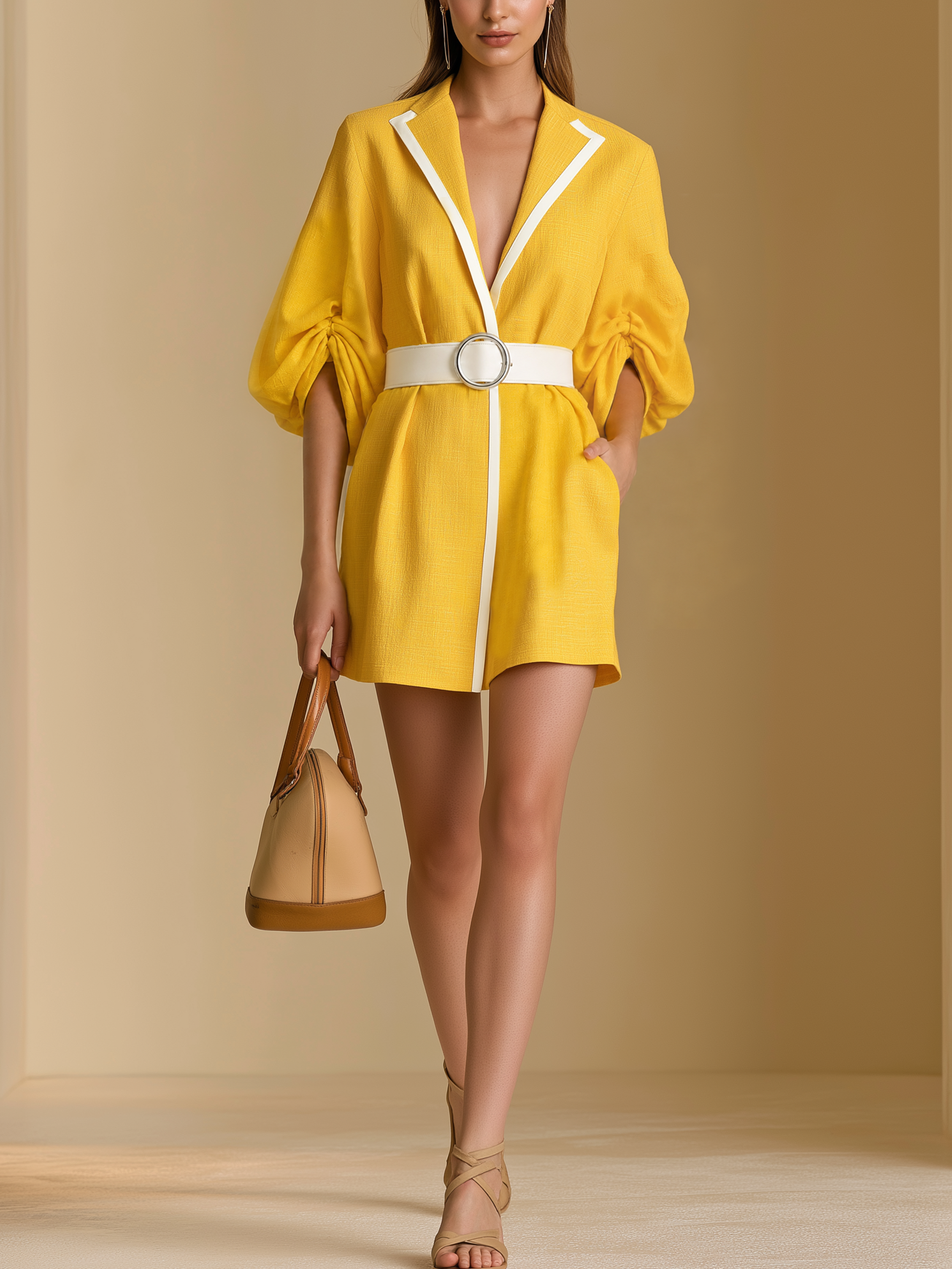 Bright Yellow Contrast White Trim Mini Dress With Belt