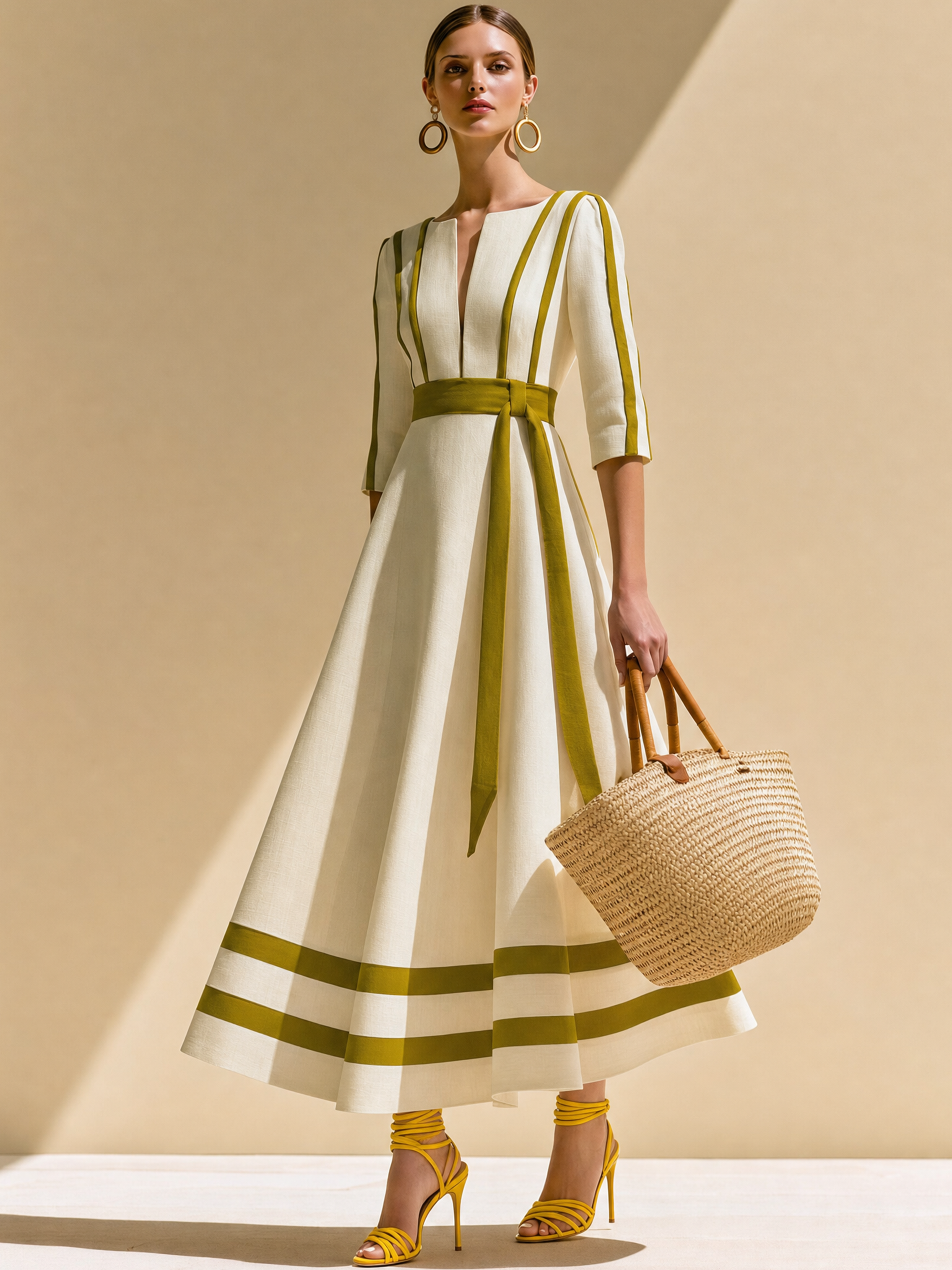 Midi Dress, Cream With Olive Contrast Piping & Belt