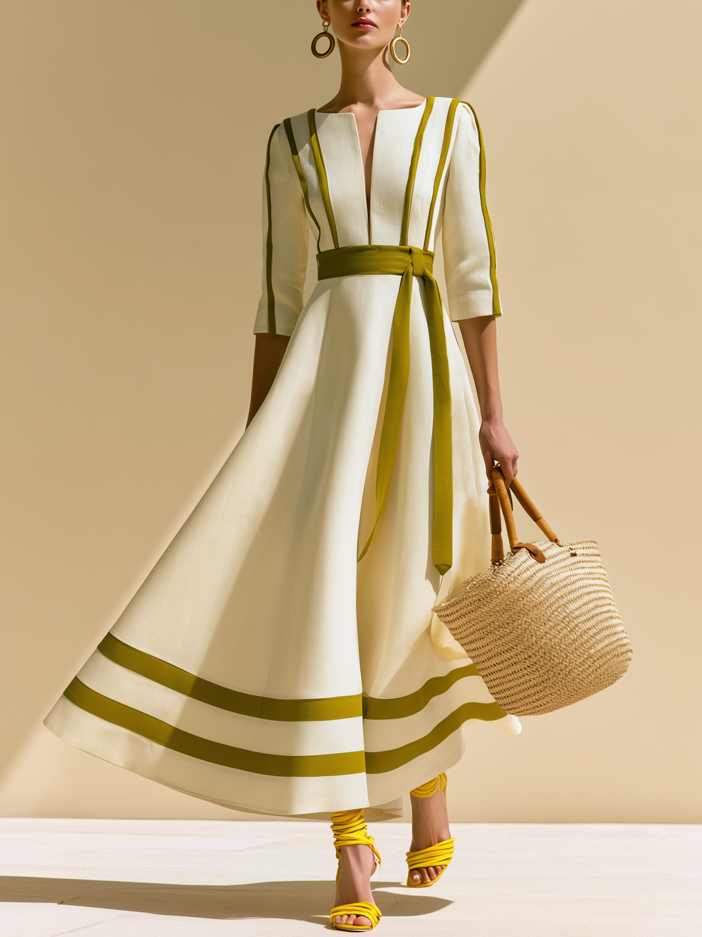 Midi Dress, Cream With Olive Contrast Piping & Belt