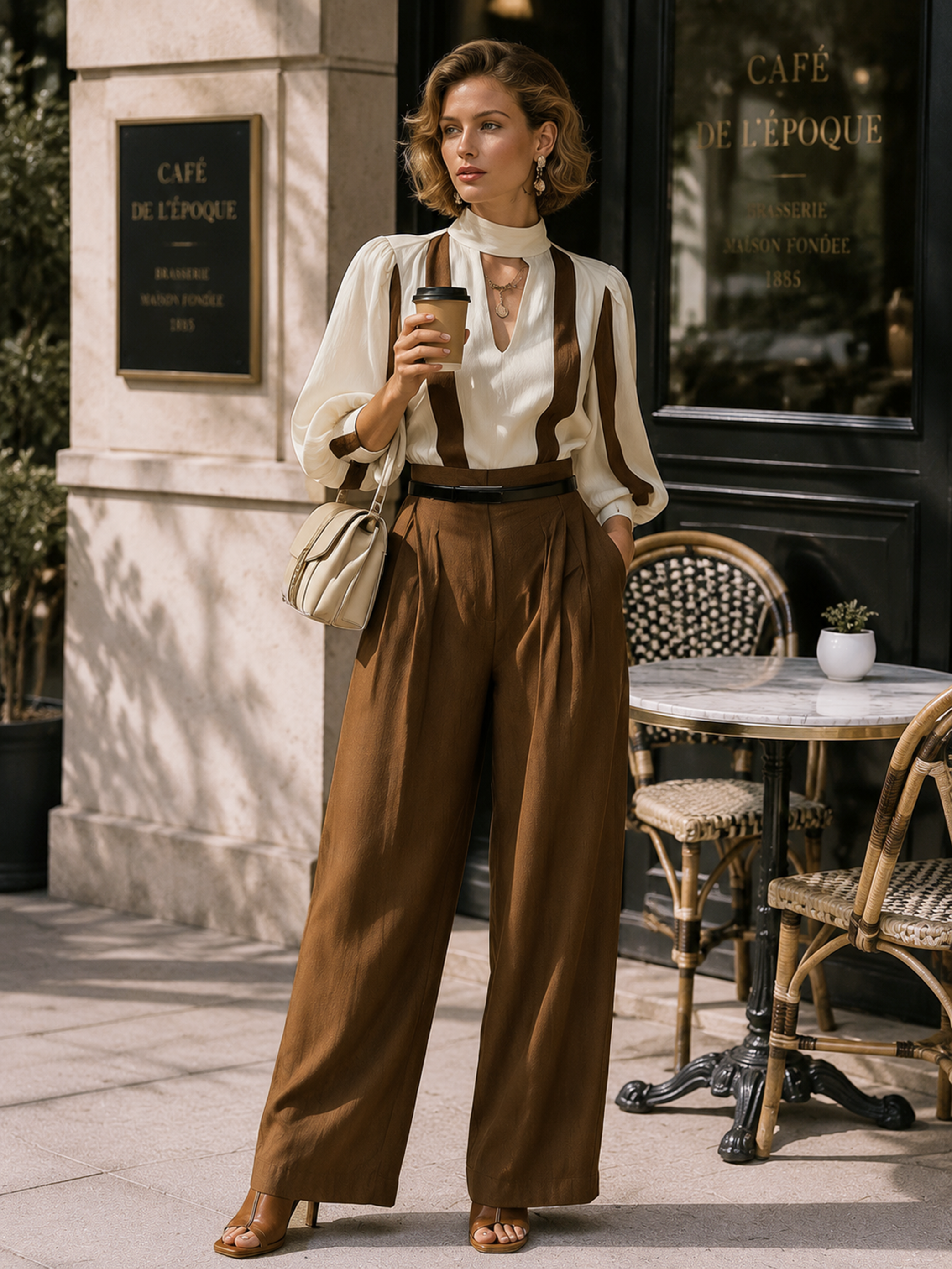 Elegant White V-Neck Puff Sleeve Blouse & Brown Wide-Leg Pants Set