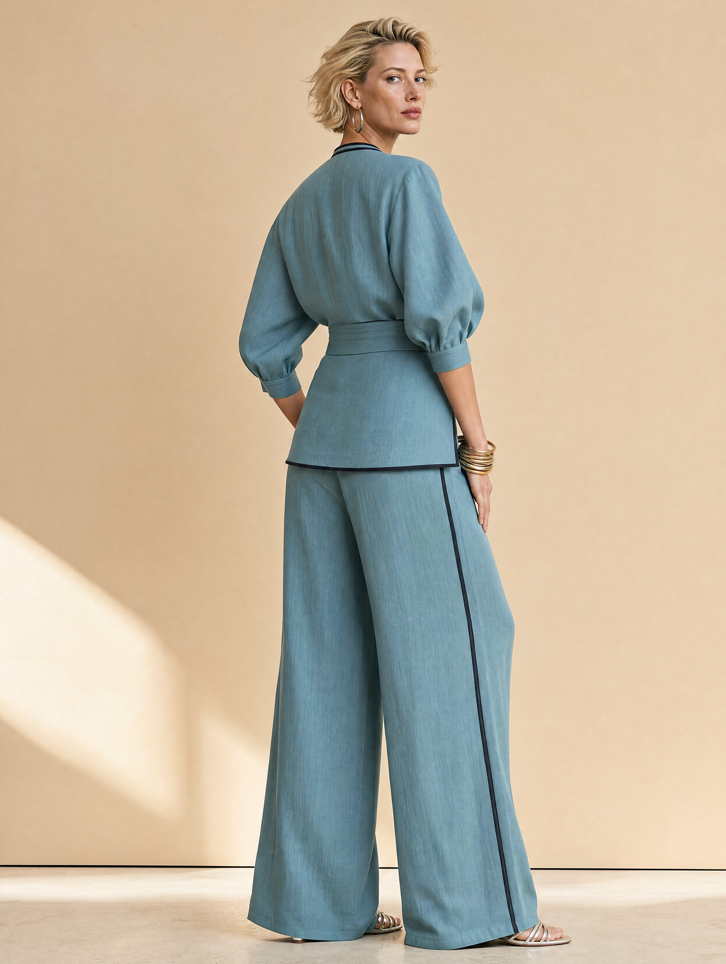 Dusty Blue Contrast Trim Wrap Top & Wide Leg Pants Two-Piece Set