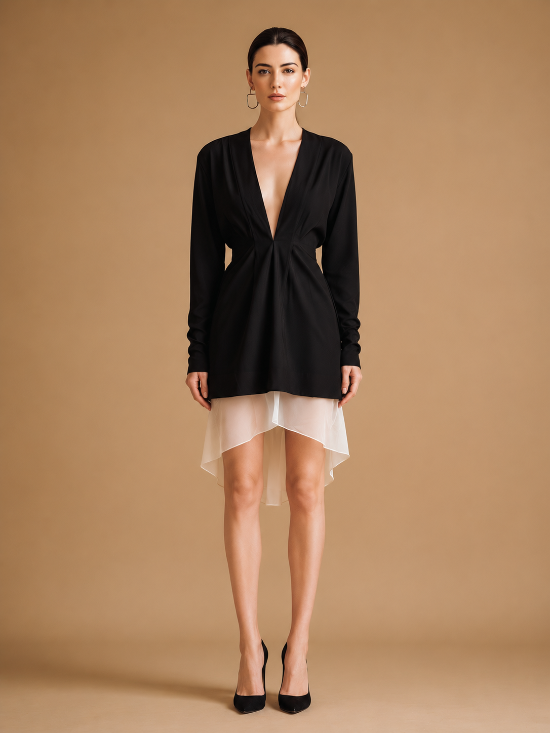 Elegant Black V-neck Dress With A Chiffon Hem
