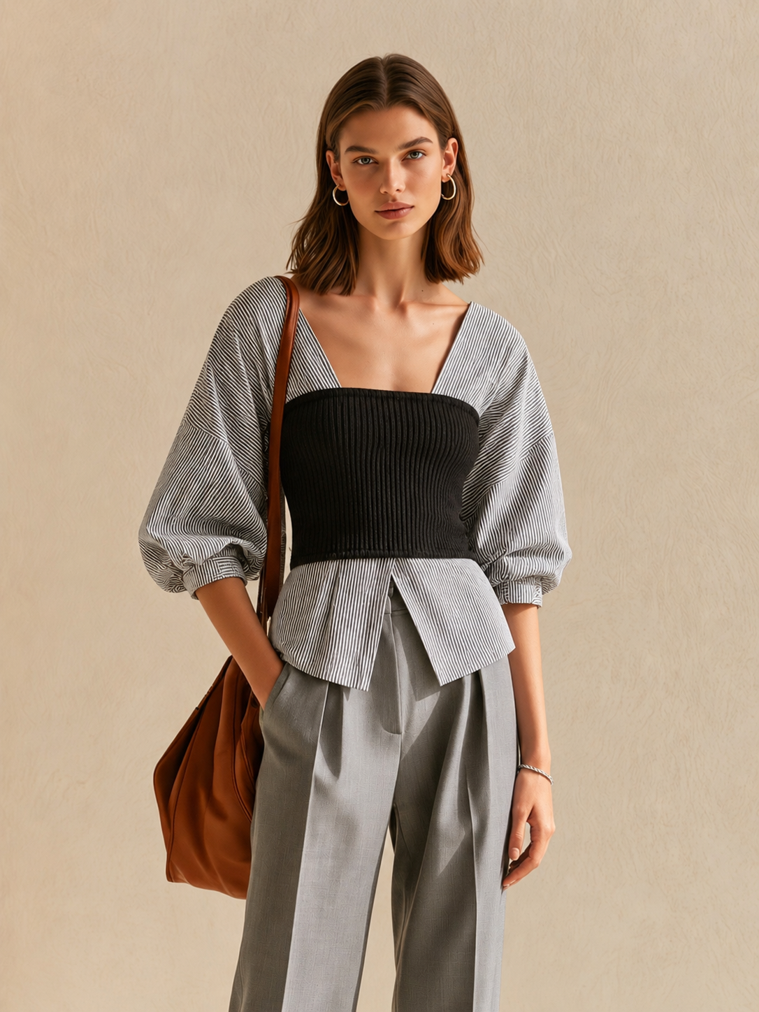 Striped Knit Tube Top Shirt With A Faux-layered Design