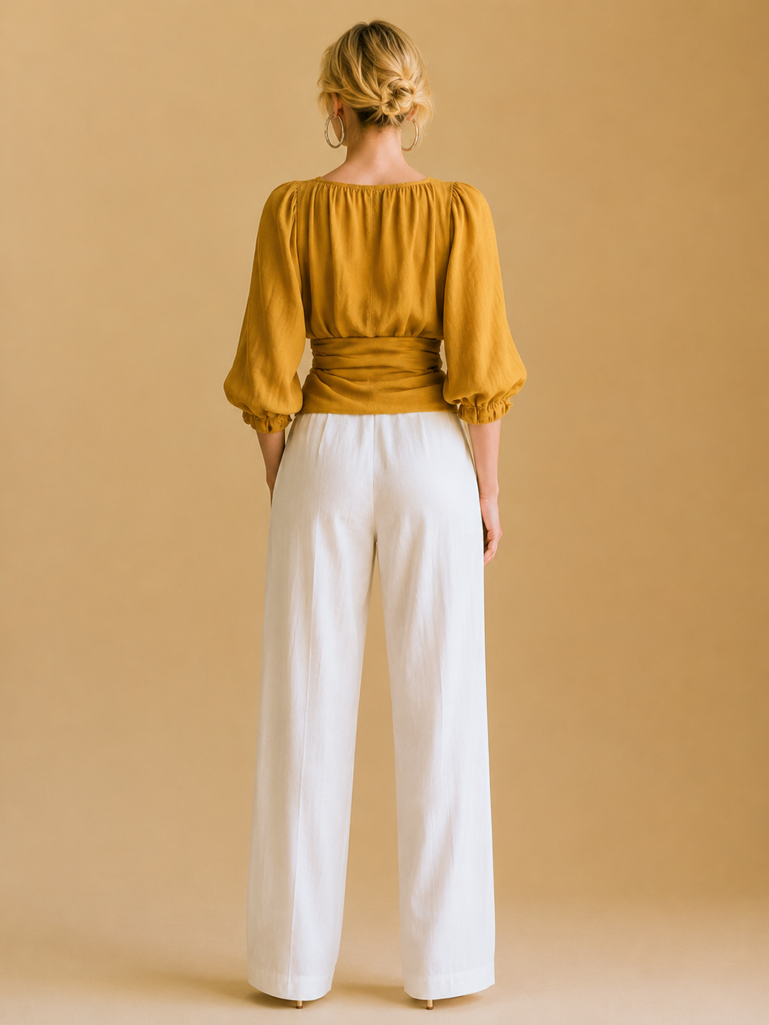 Elegant Ginger-yellow Linen Shirt With A Lace Collar