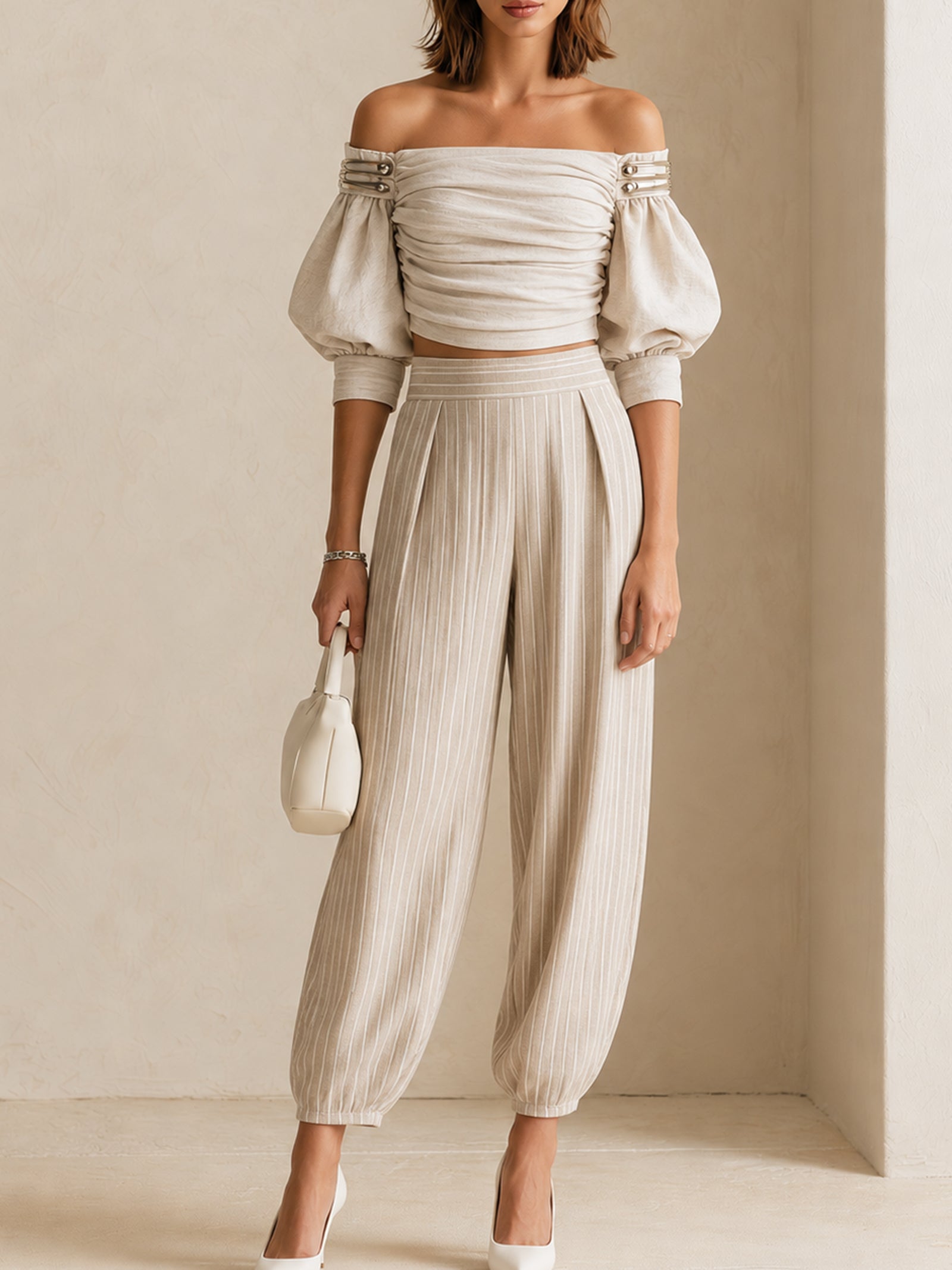 Elegant White Pleated Linen Set
