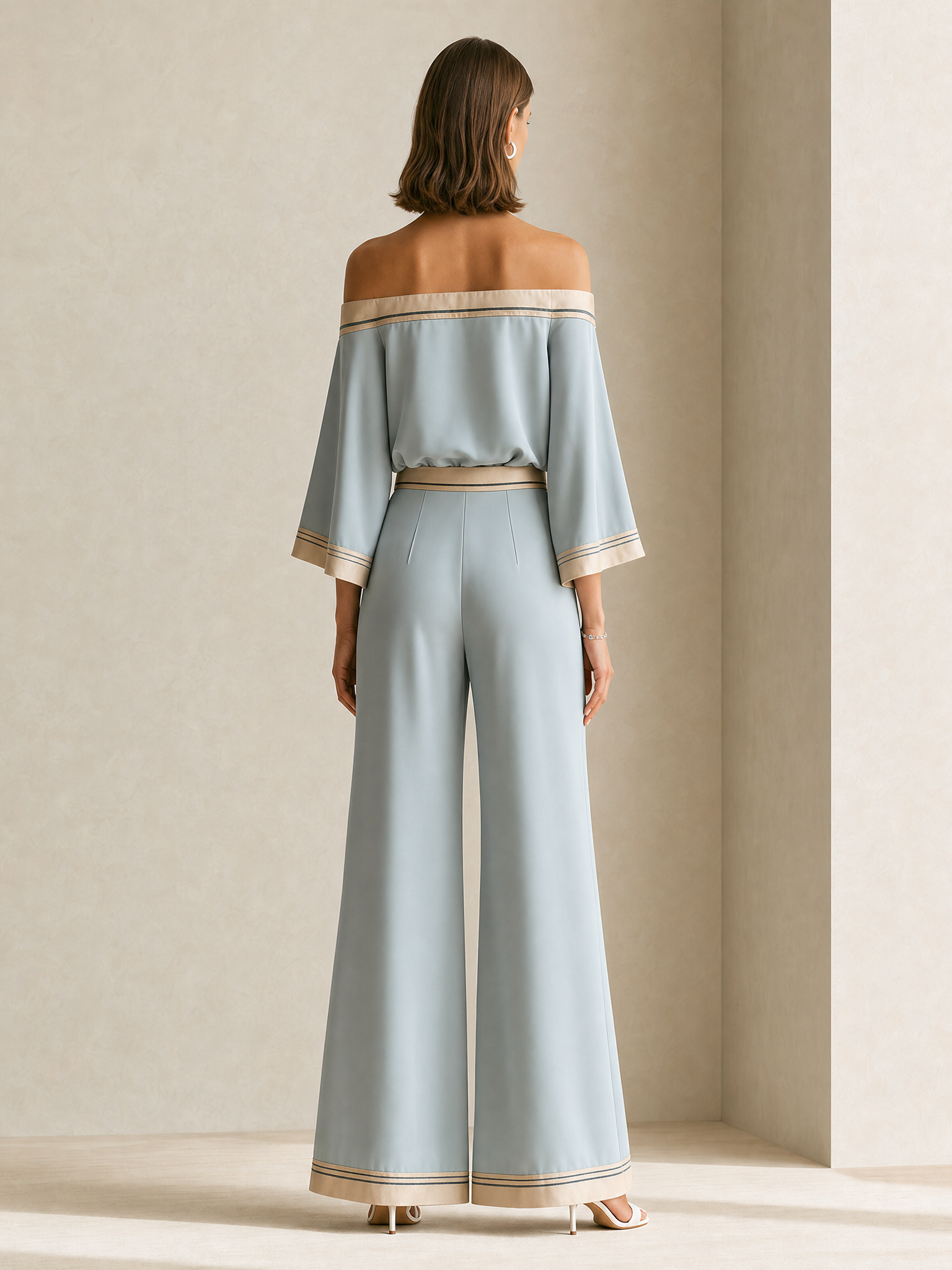 Elegant Grey-blue Batwing-sleeve Set With Piping Detail