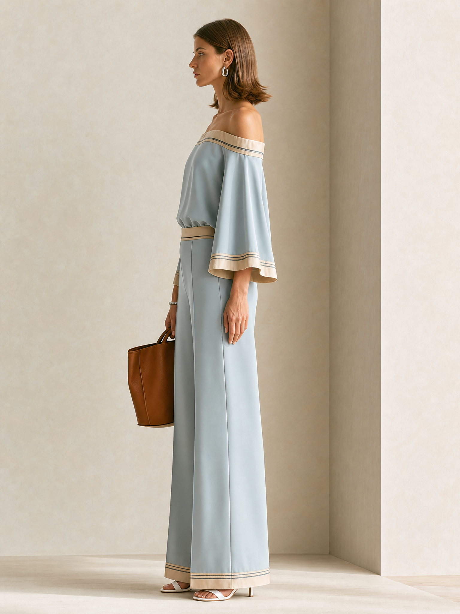 Elegant Grey-blue Batwing-sleeve Set With Piping Detail