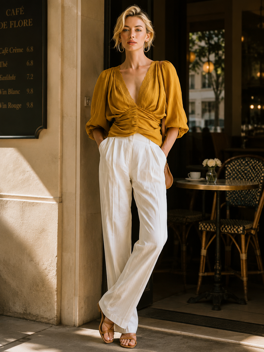 Elegant Ginger-yellow Linen Shirt With A Lace Collar