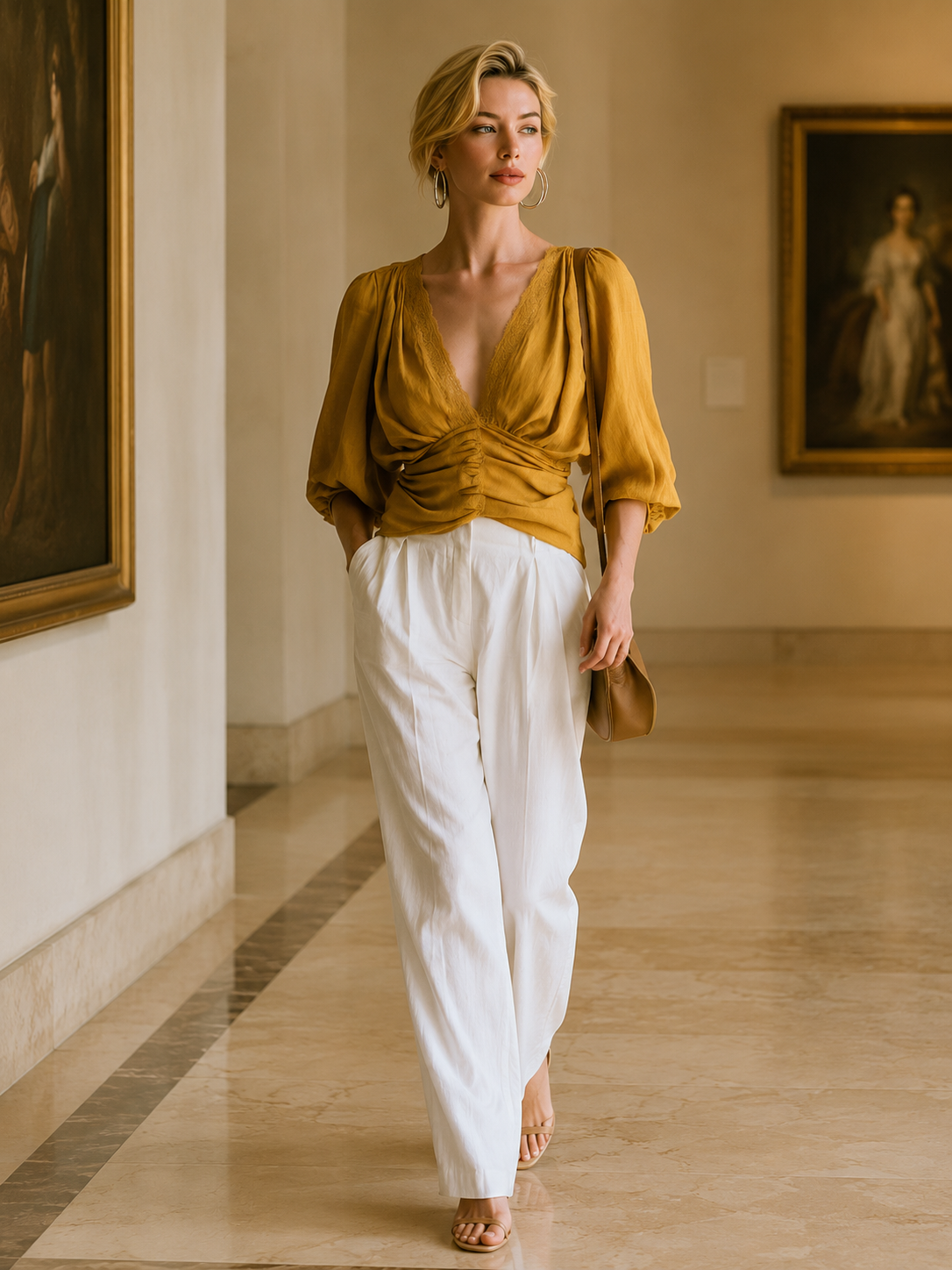 Elegant Ginger-yellow Linen Shirt With A Lace Collar