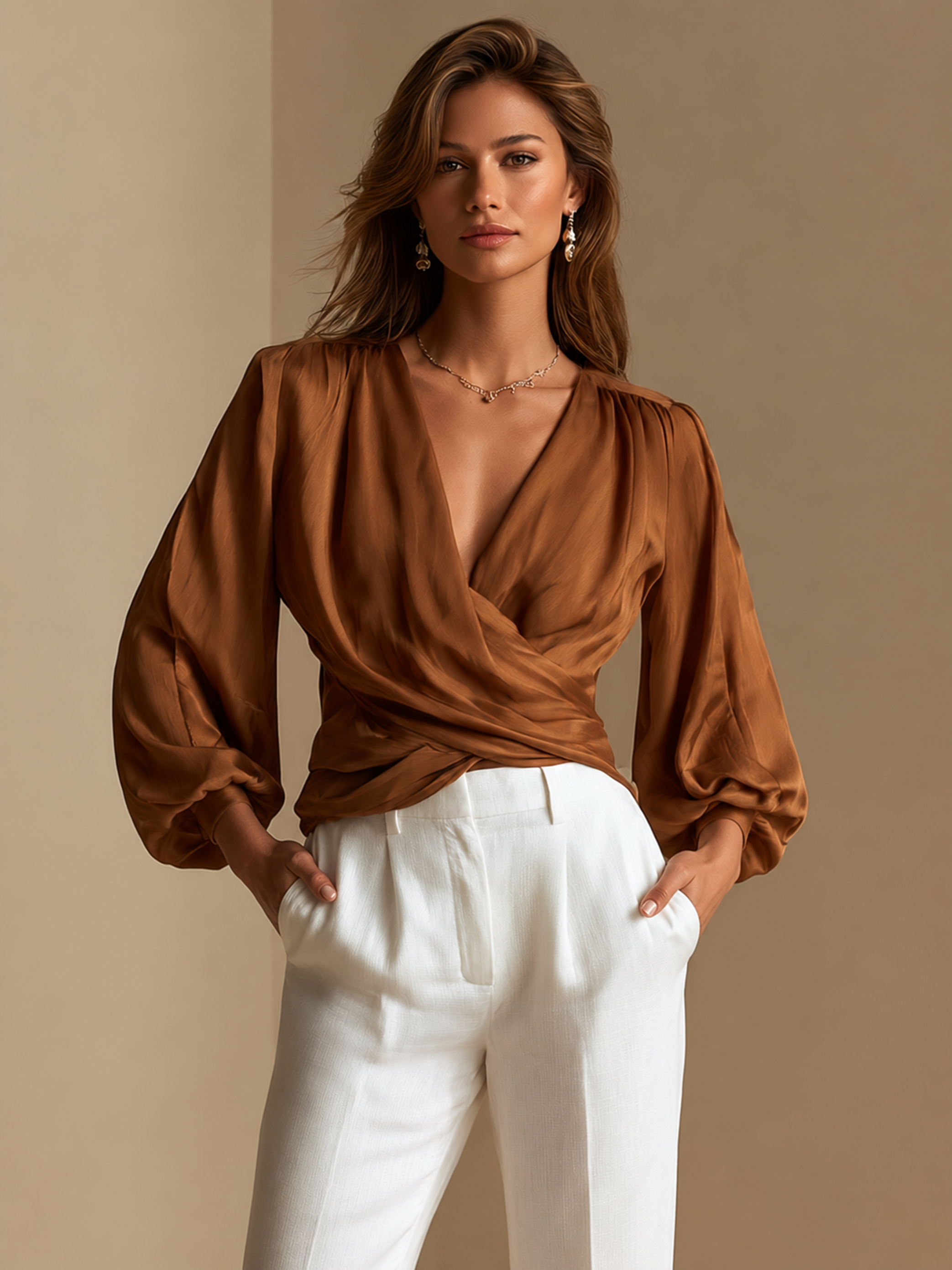 Elegant Warm Brown Wrap Blouse
