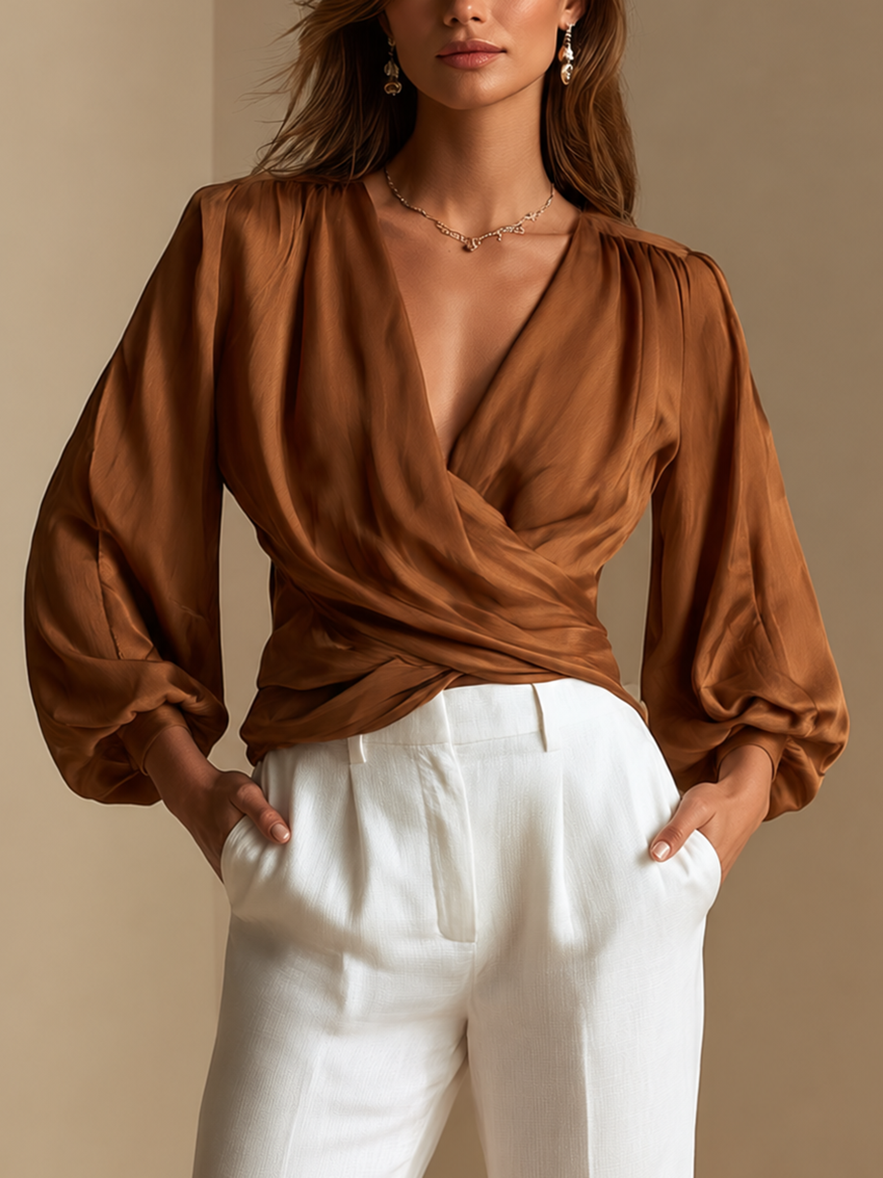 Elegant Warm Brown Wrap Blouse