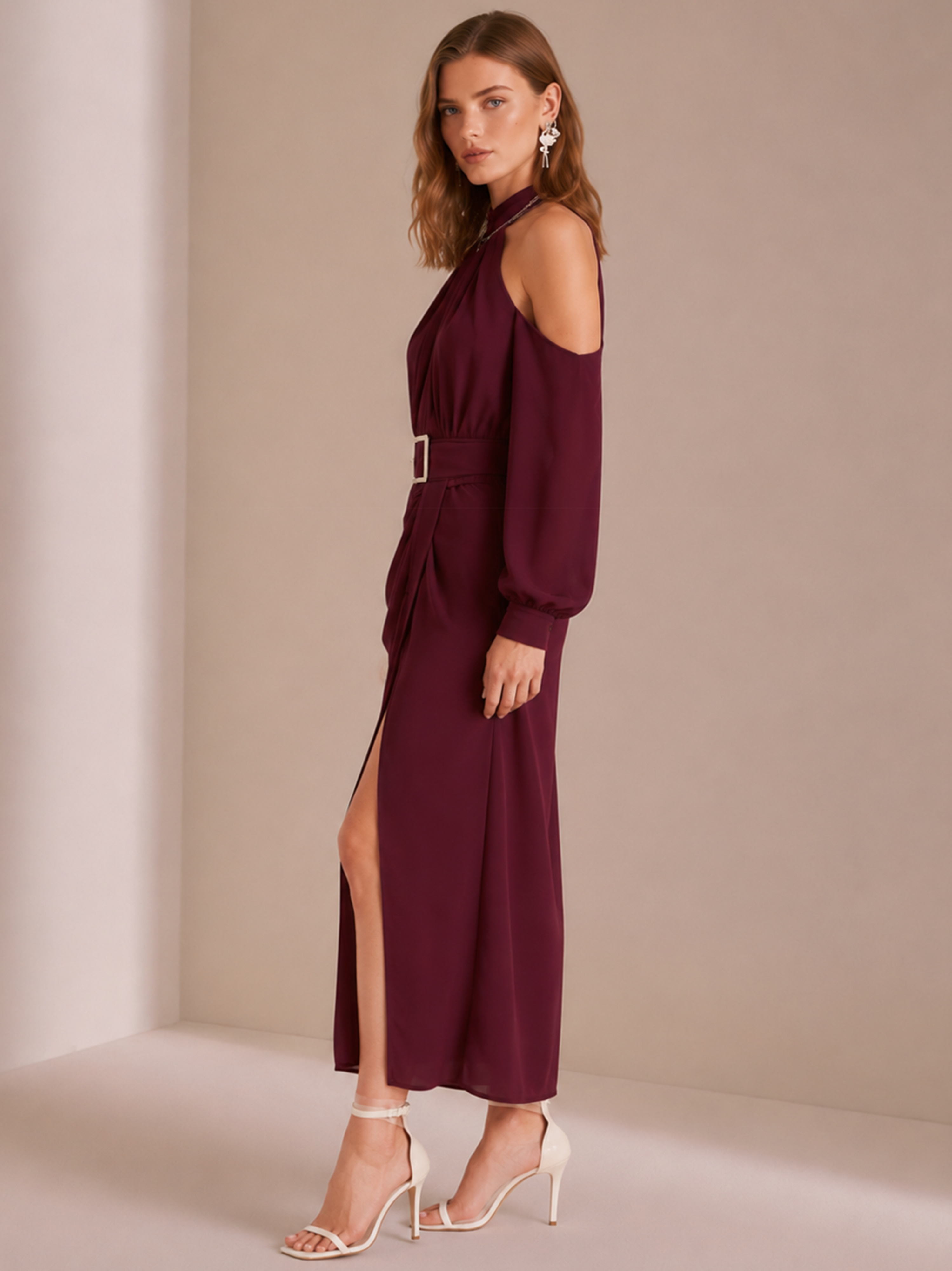 Elegant Burgundy Halter Neck Long Sleeve Midi Dress