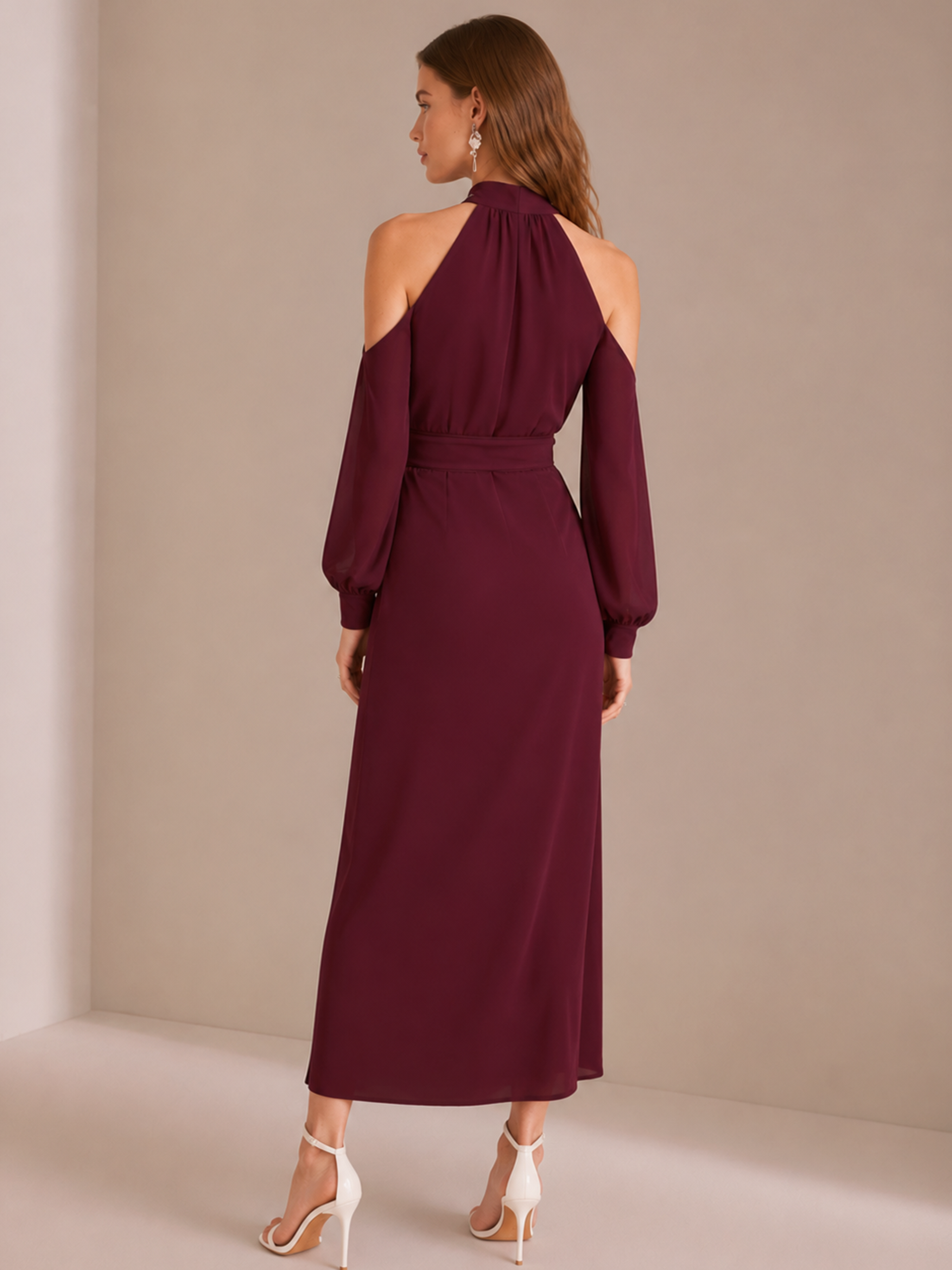 Elegant Burgundy Halter Neck Long Sleeve Midi Dress