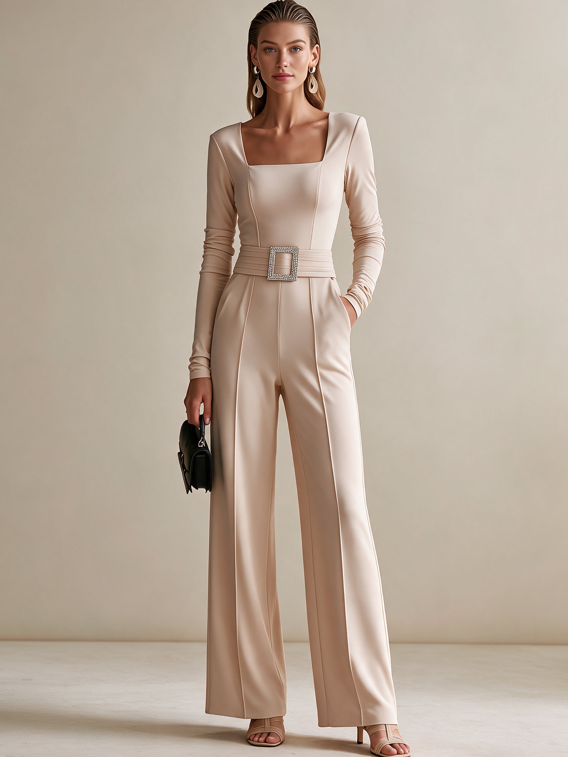 Elegant Square Neck Long Sleeve Wide Leg Jumpsuit With Crystal Belt