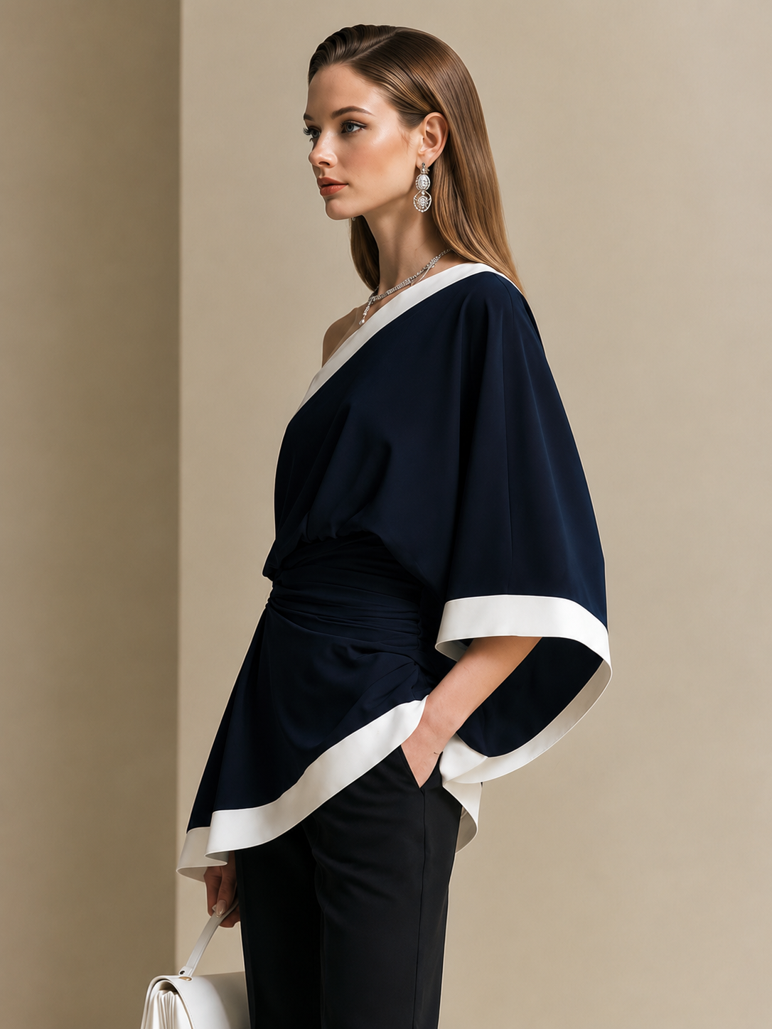 Elegant Navy Blue Linen Blend Asymmetric One-Shoulder Top