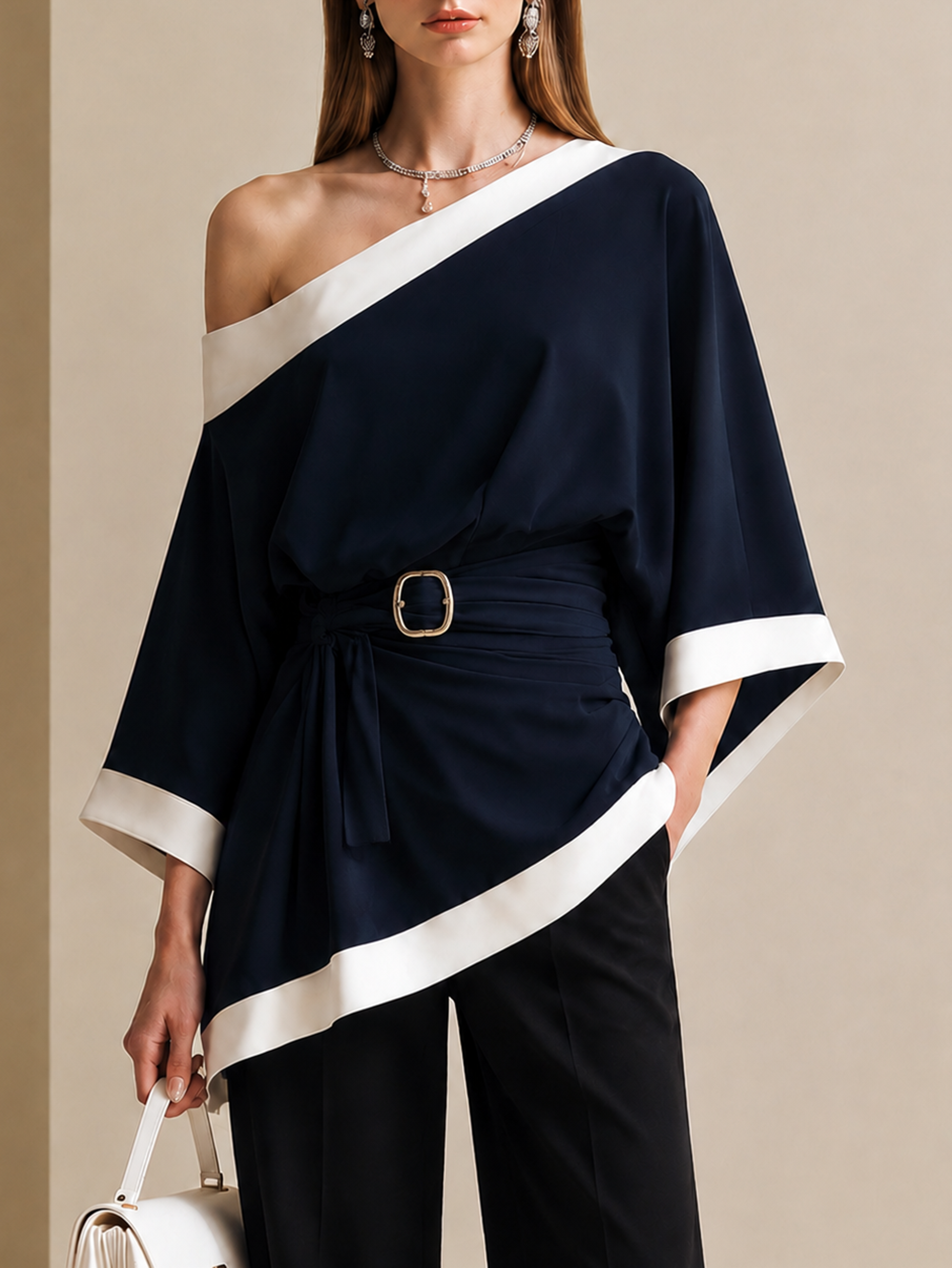 Elegant Navy Blue Linen Blend Asymmetric One-Shoulder Top
