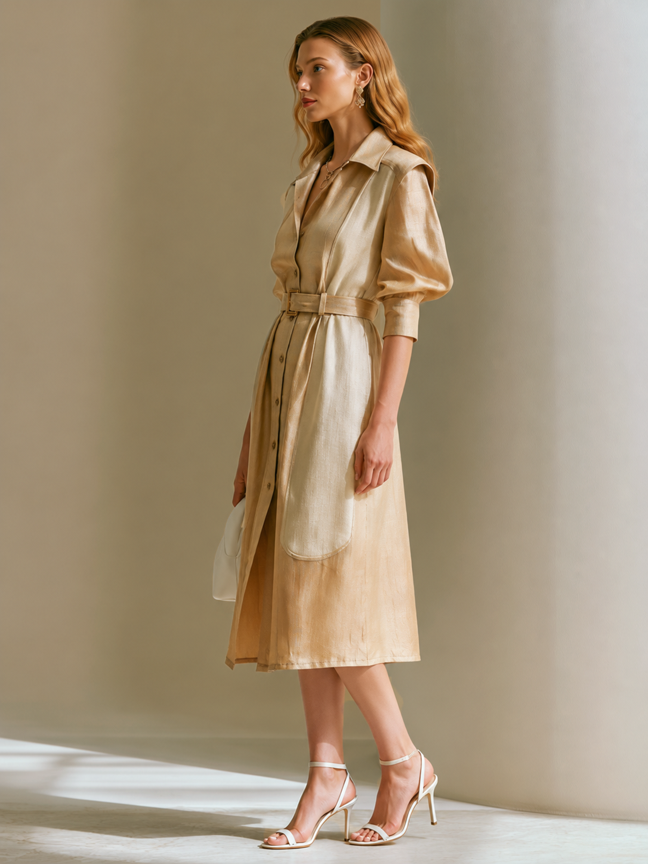 Elegant Khaki Linen Blend Contrast Shirt Dress