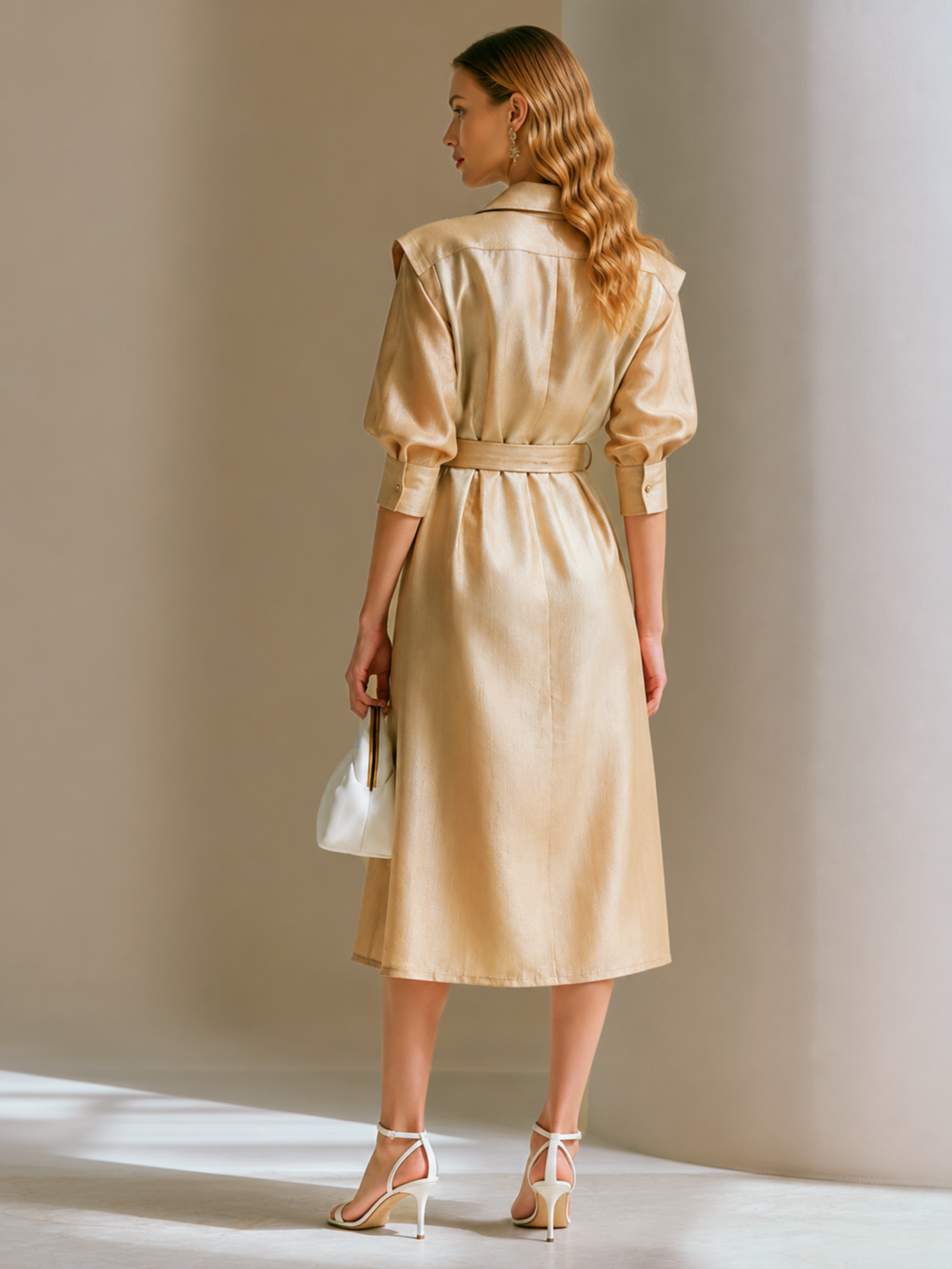 Elegant Khaki Linen Blend Contrast Shirt Dress