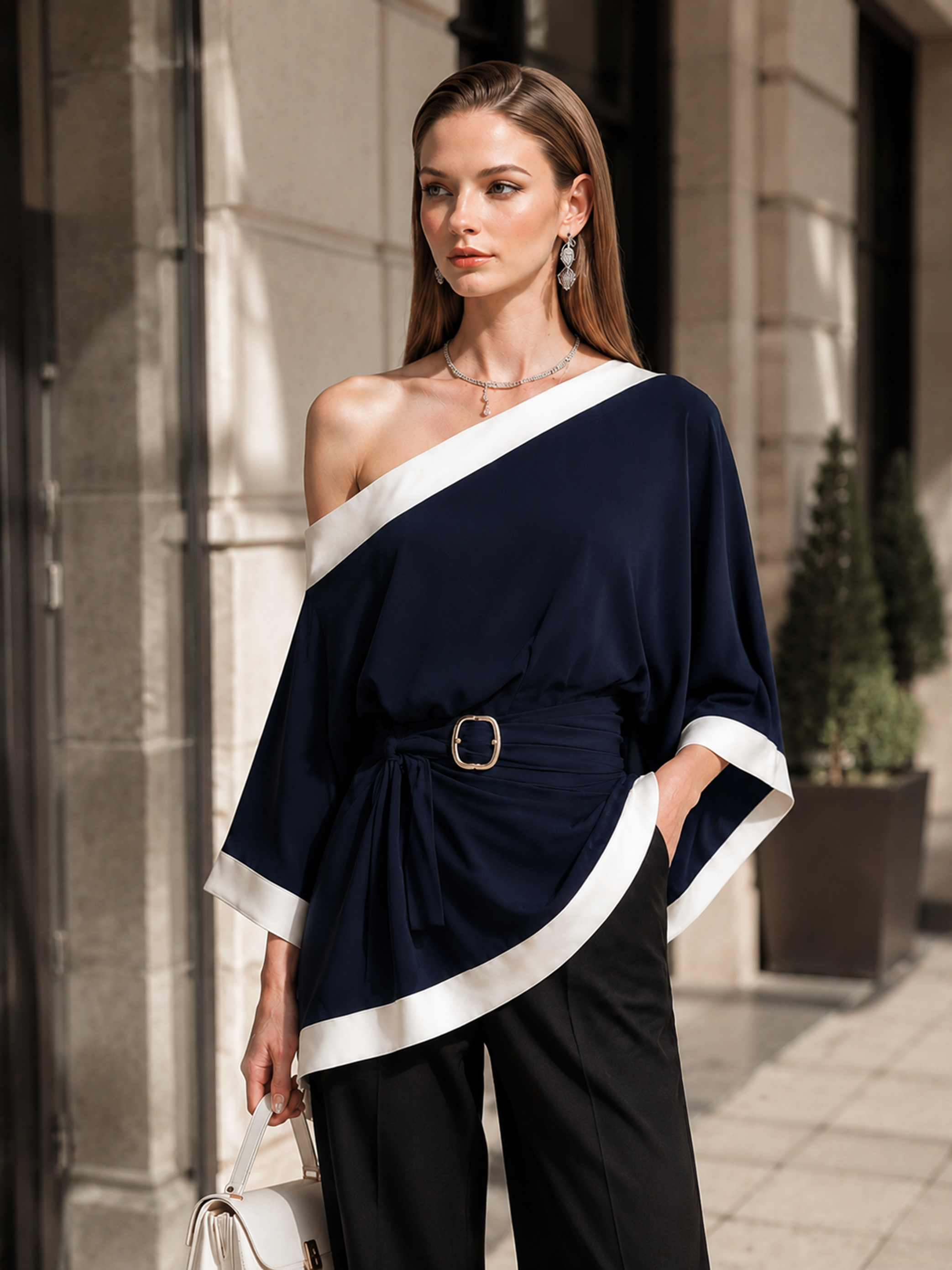 Elegant Navy Blue Linen Blend Asymmetric One-Shoulder Top