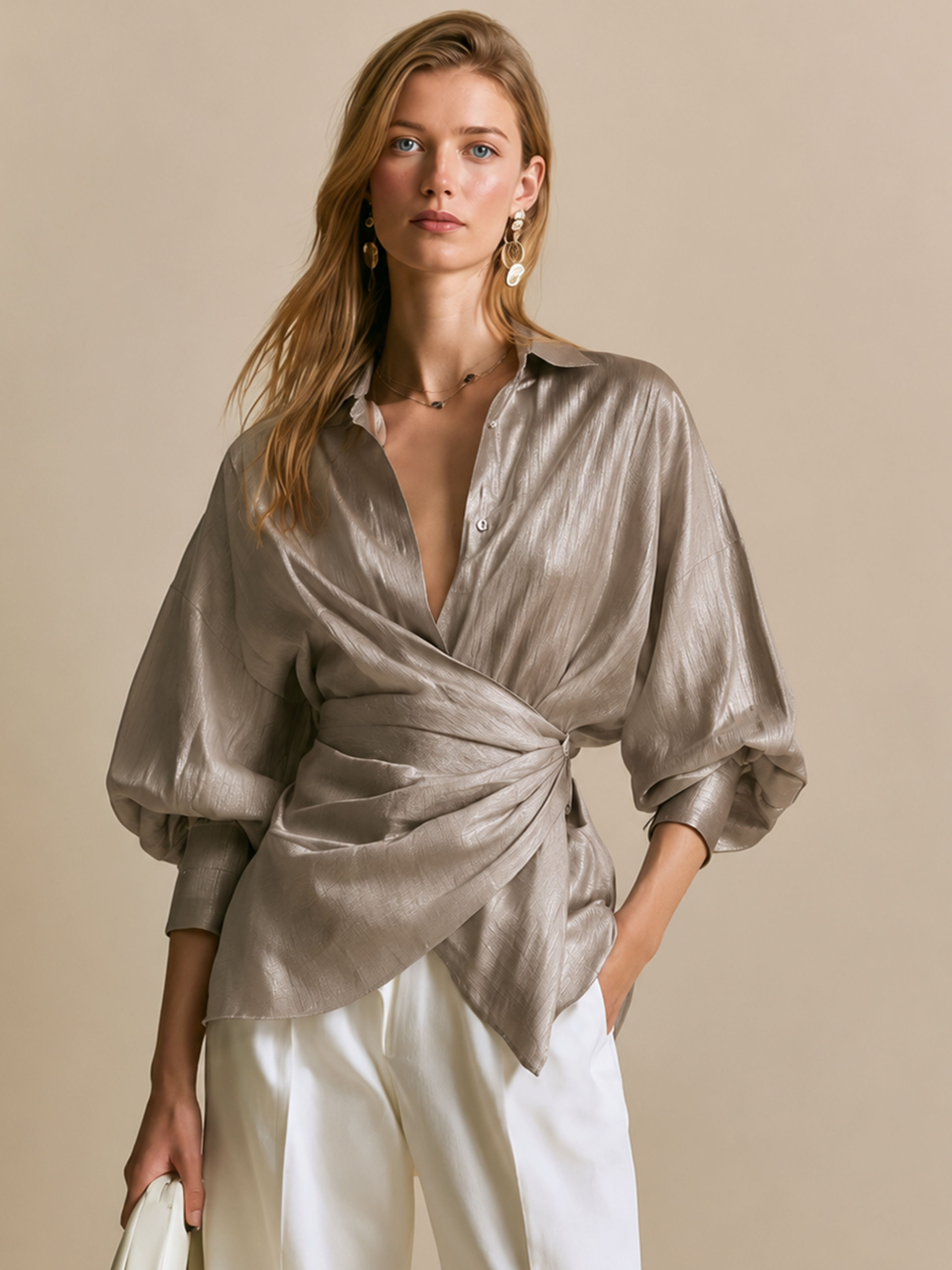 Elegant Taupe Wrap Shirt Blouse