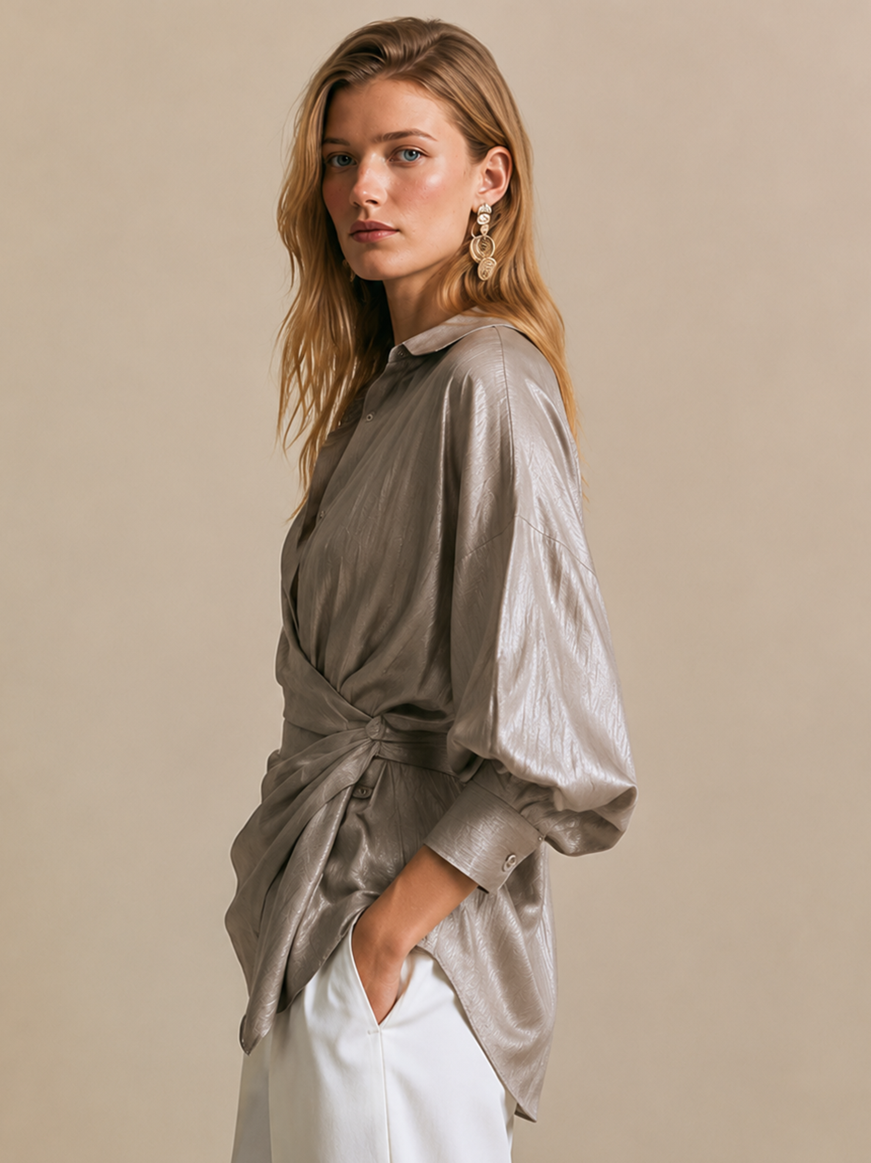 Elegant Taupe Wrap Shirt Blouse