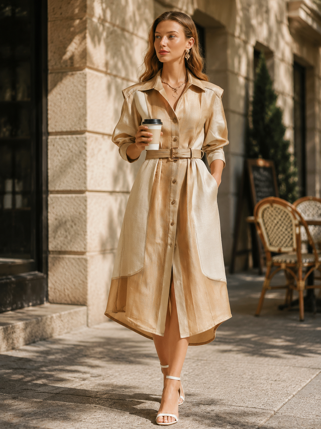 Elegant Khaki Linen Blend Contrast Shirt Dress