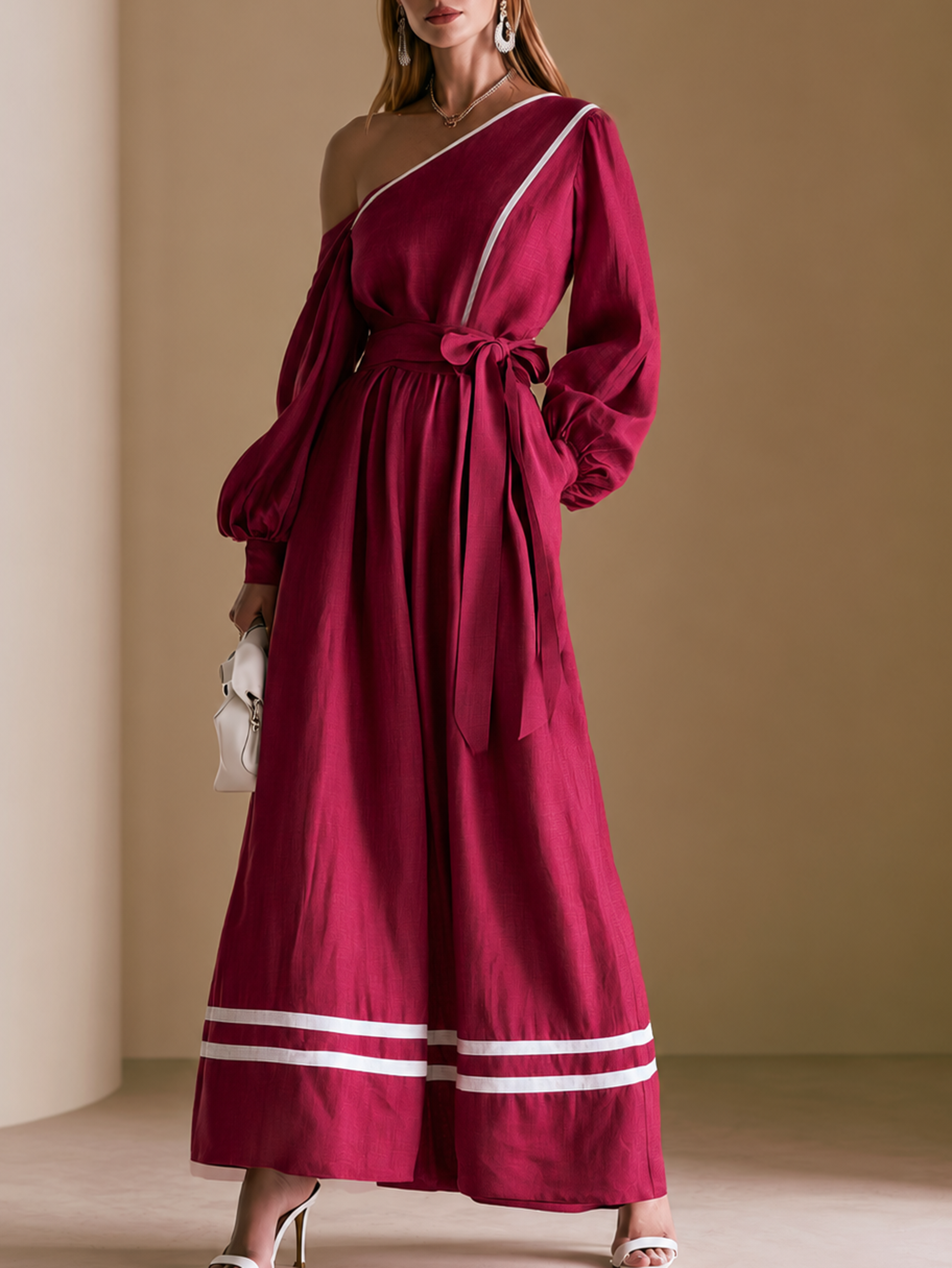 Elegant Fuchsia Pink Linen Blend One-Shoulder Jumpsuit