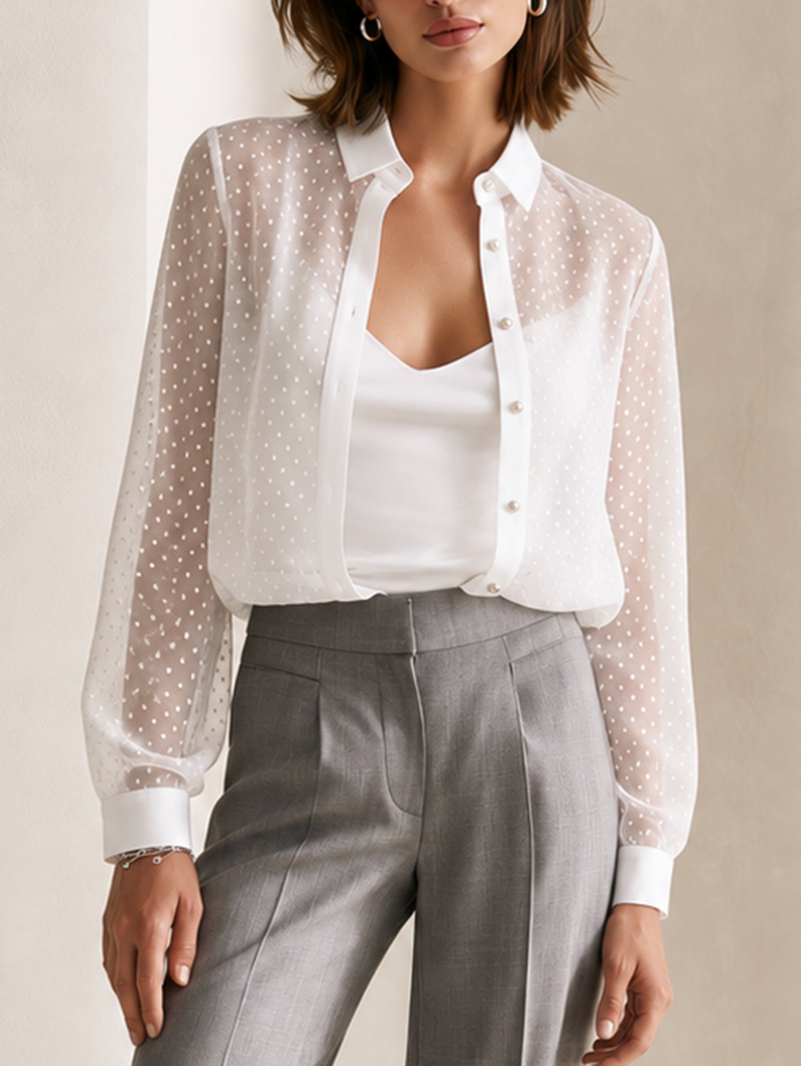 Elegant White Sheer Polka-dot Chiffon Shirt