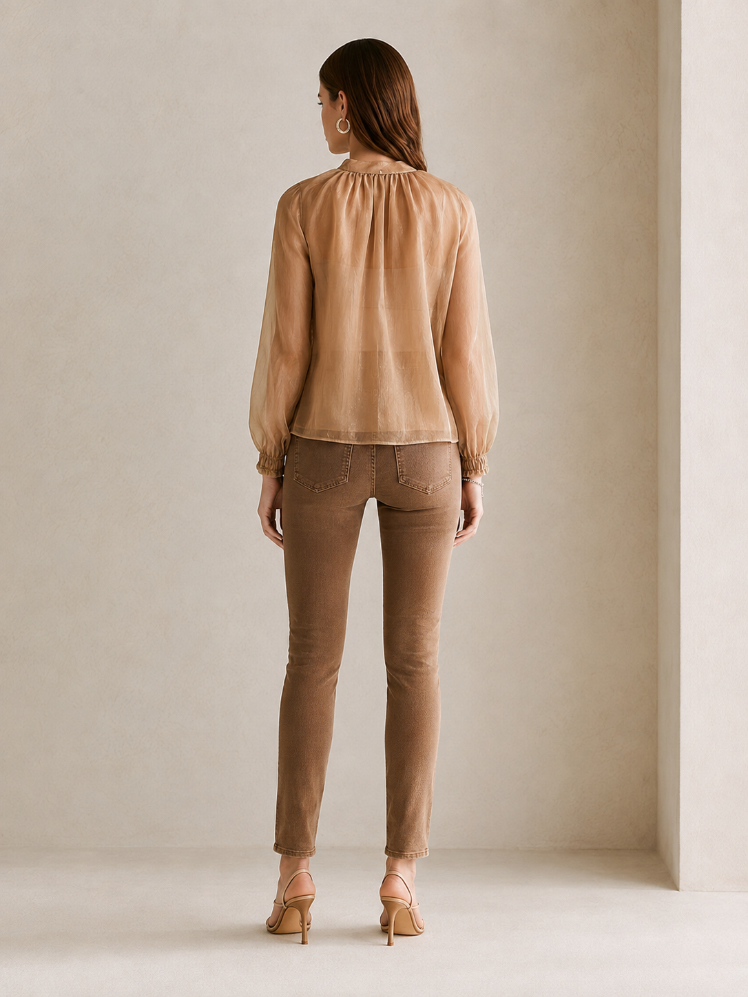 Light Brown Sheer Chiffon Round-neck Drawstring Shirt