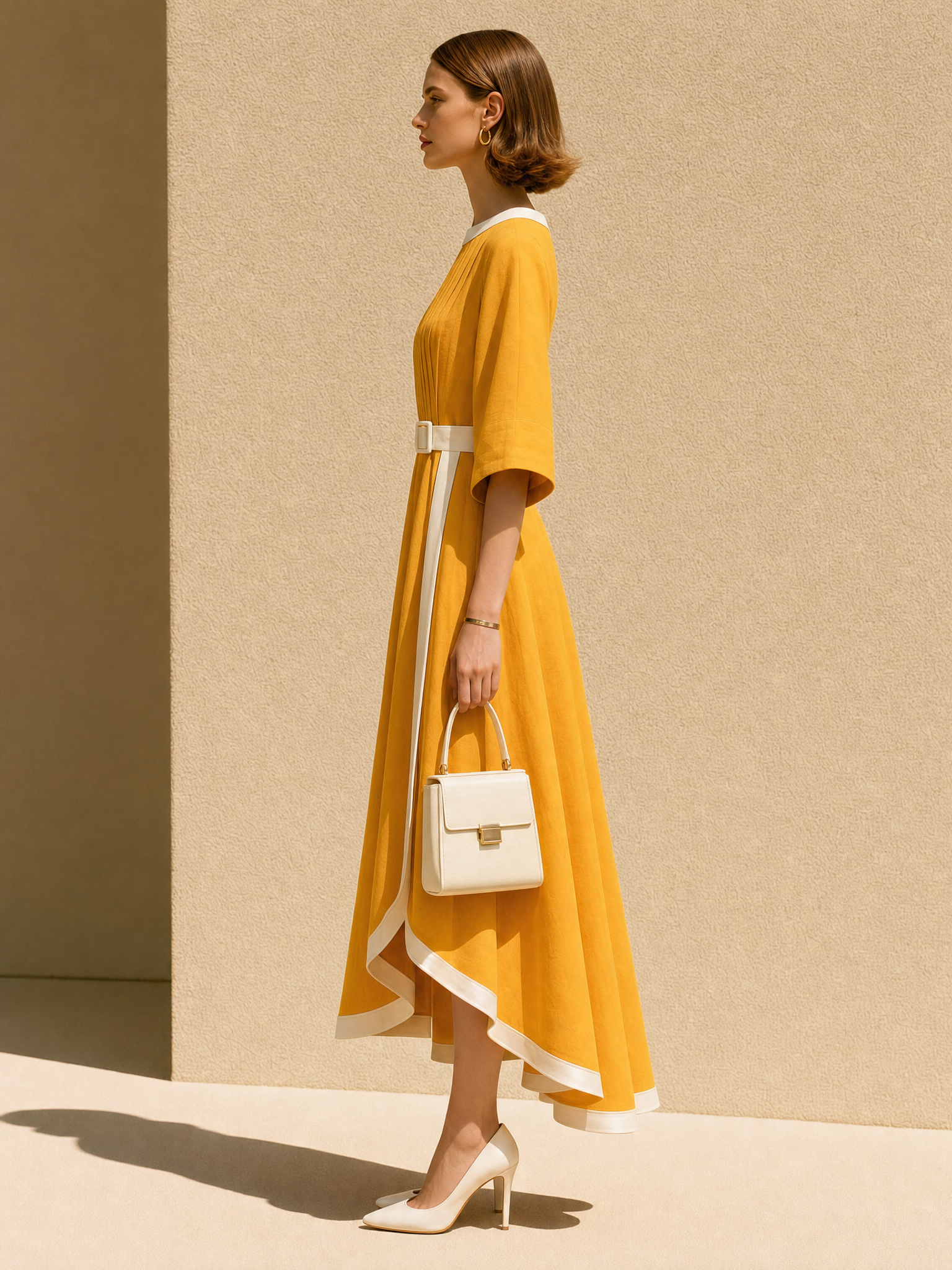 Yellow Linen Flared-sleeve Dress With White Piping
