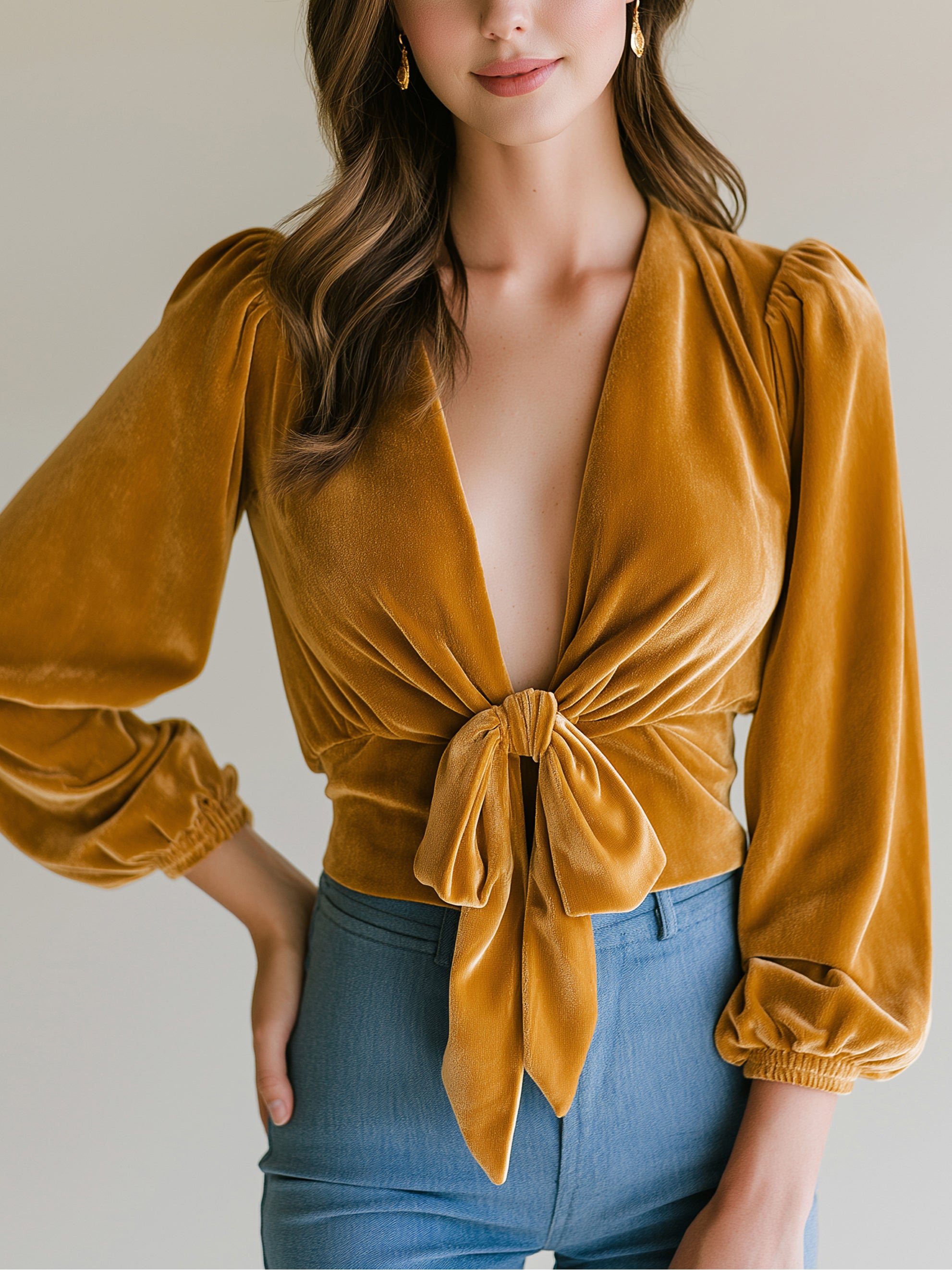Elegant Velvet Puff Long Sleeve Tie Front Cropped Blouse