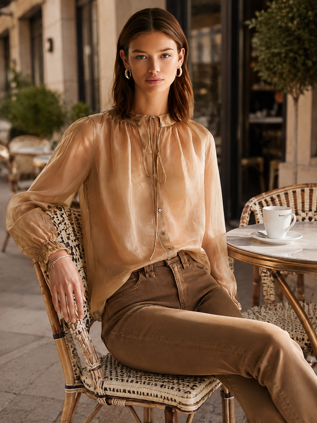 Light Brown Sheer Chiffon Round-neck Drawstring Shirt