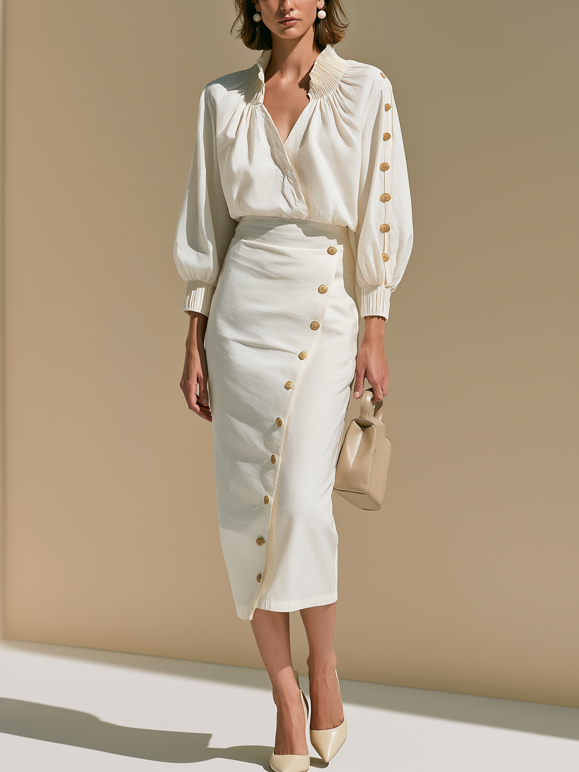 Elegant Cream Blouse & Midi Skirt Set