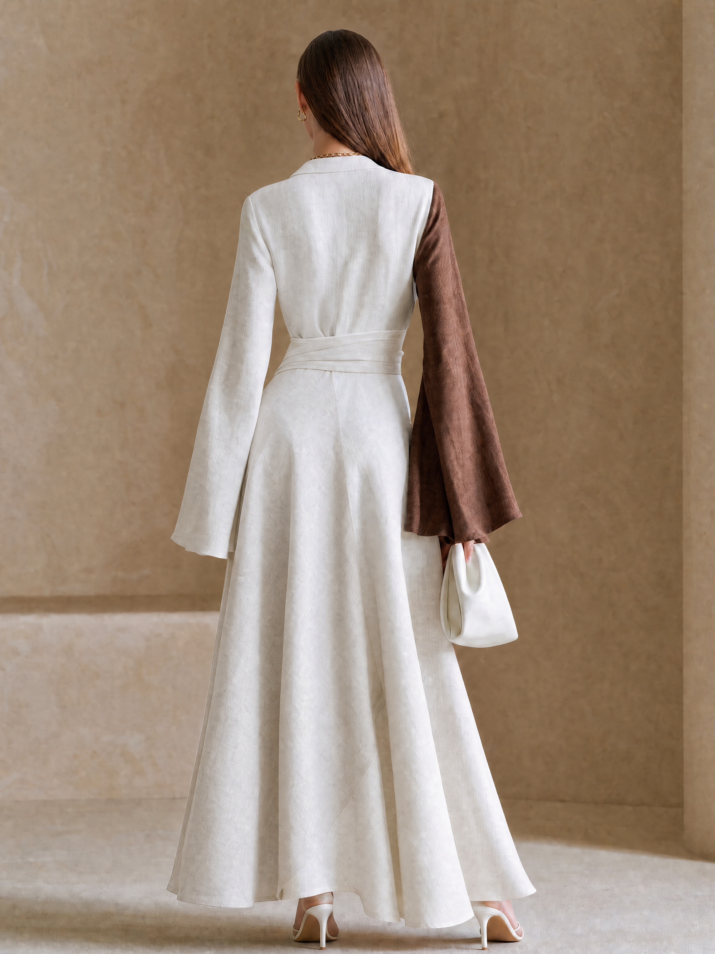 Elegant Coffee Brown Contrast Linen Blend Wrap Max Dress