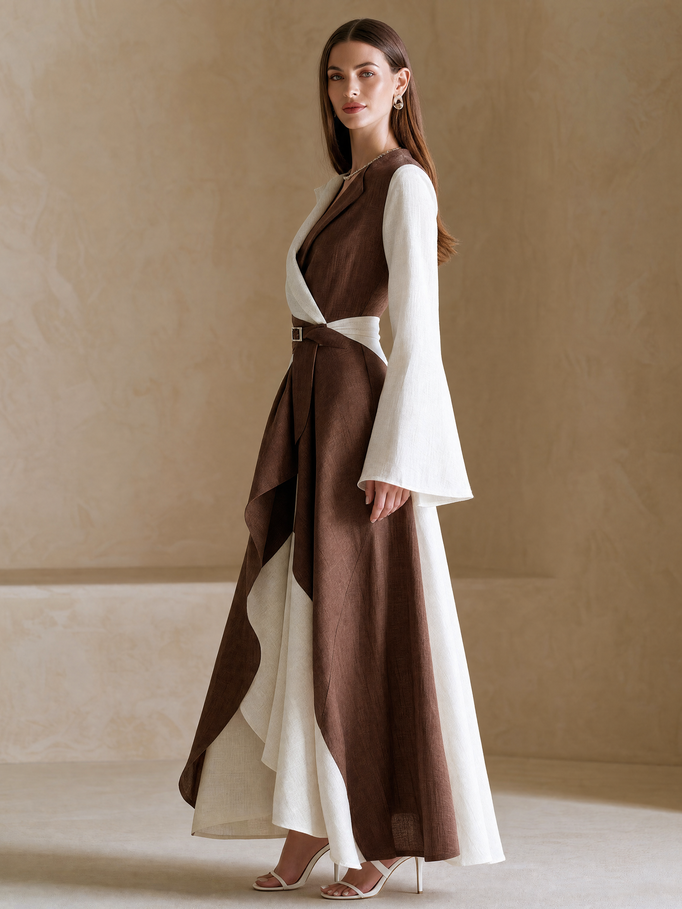 Elegant Coffee Brown Contrast Linen Blend Wrap Max Dress