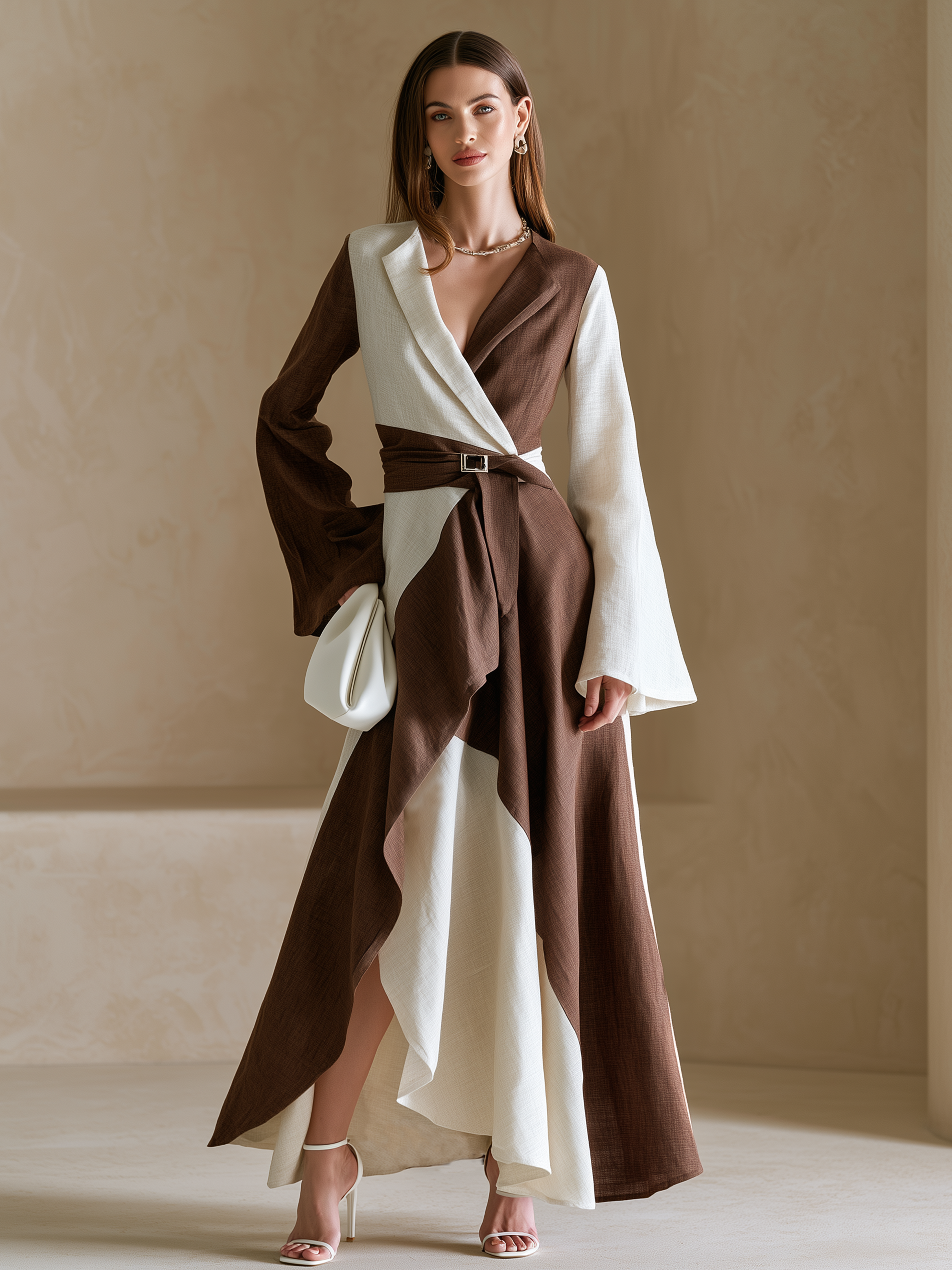 Elegant Coffee Brown Contrast Linen Blend Wrap Max Dress