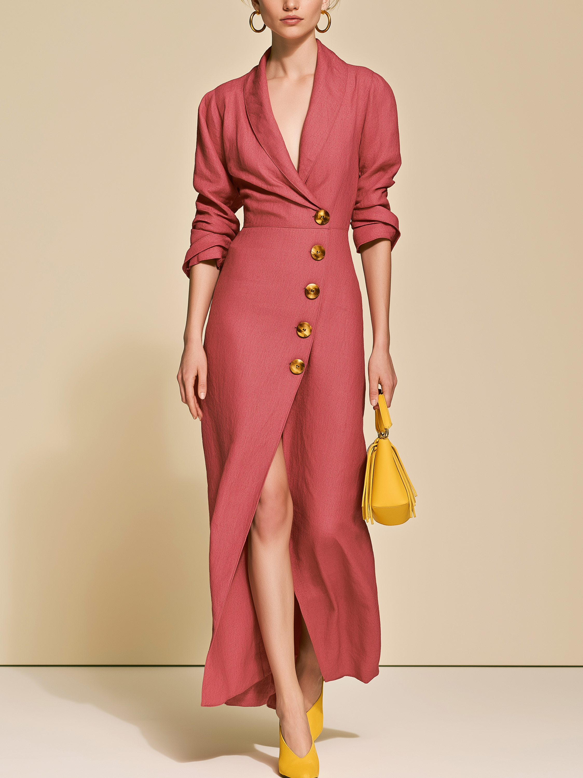 Elegant Relax Linen Raspberry Blazer Collar Slit Wrap Maxi Dress
