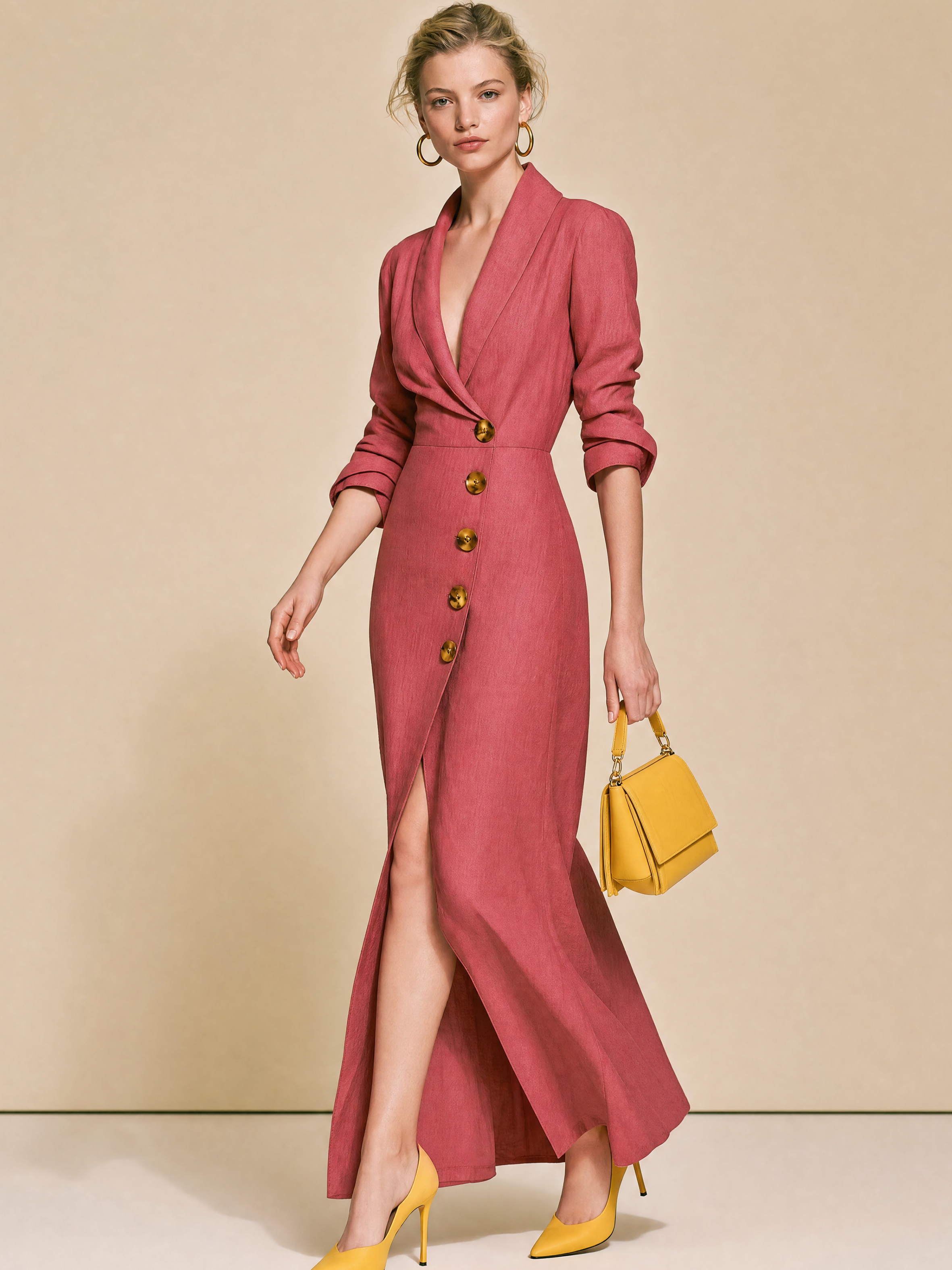 Elegant Relax Linen Raspberry Blazer Collar Slit Wrap Maxi Dress