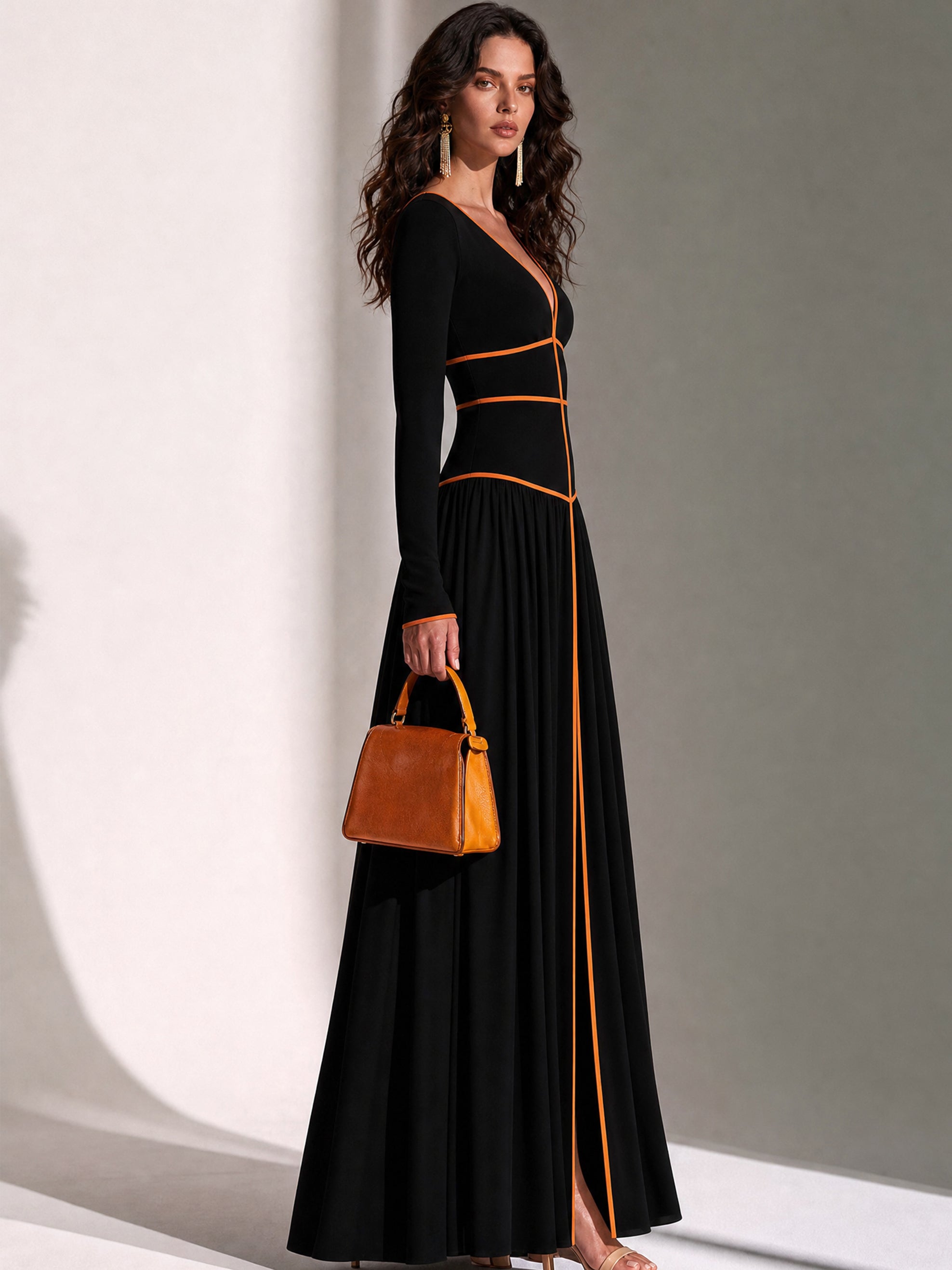 Elegant Deep V Long Sleeve Contrast Piping Maxi Dress