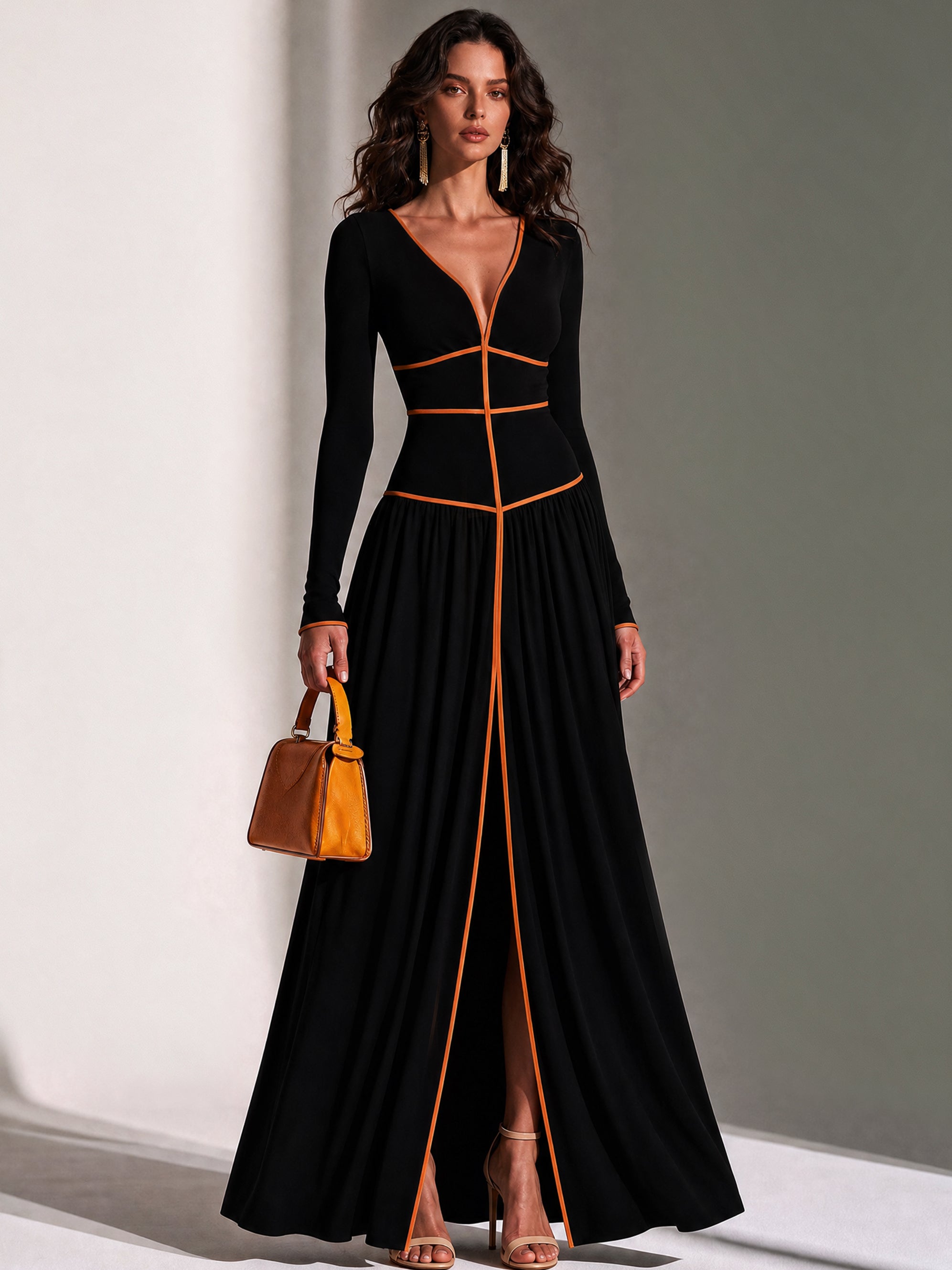 Elegant Deep V Long Sleeve Contrast Piping Maxi Dress