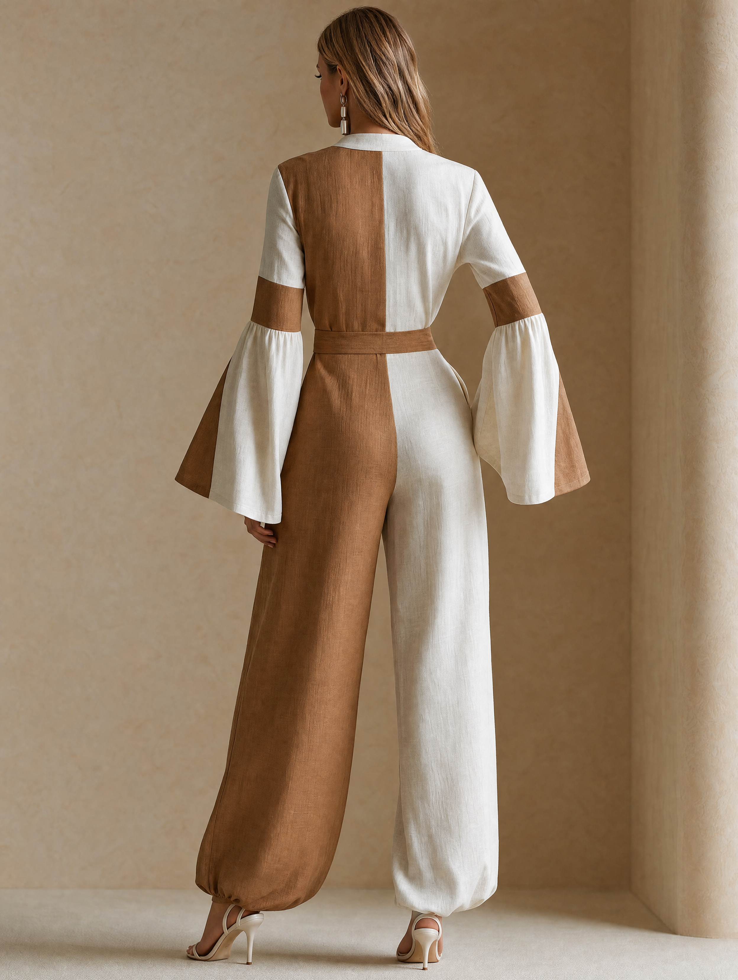 Elegant Khaki Contrast Linen Blend Jumpsuit