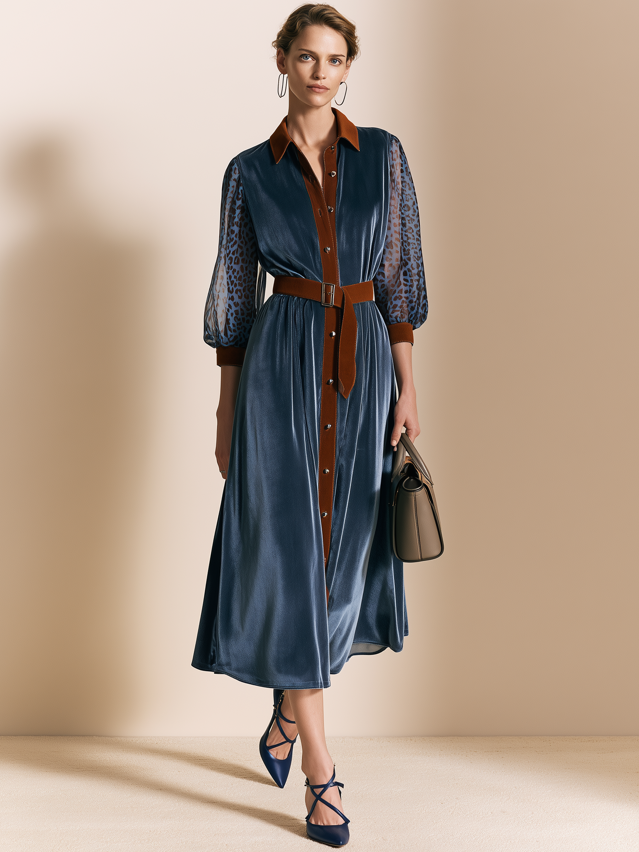 Elegant Blue Velvet Contrast Collar Leopard Sleeve Shirt Dress