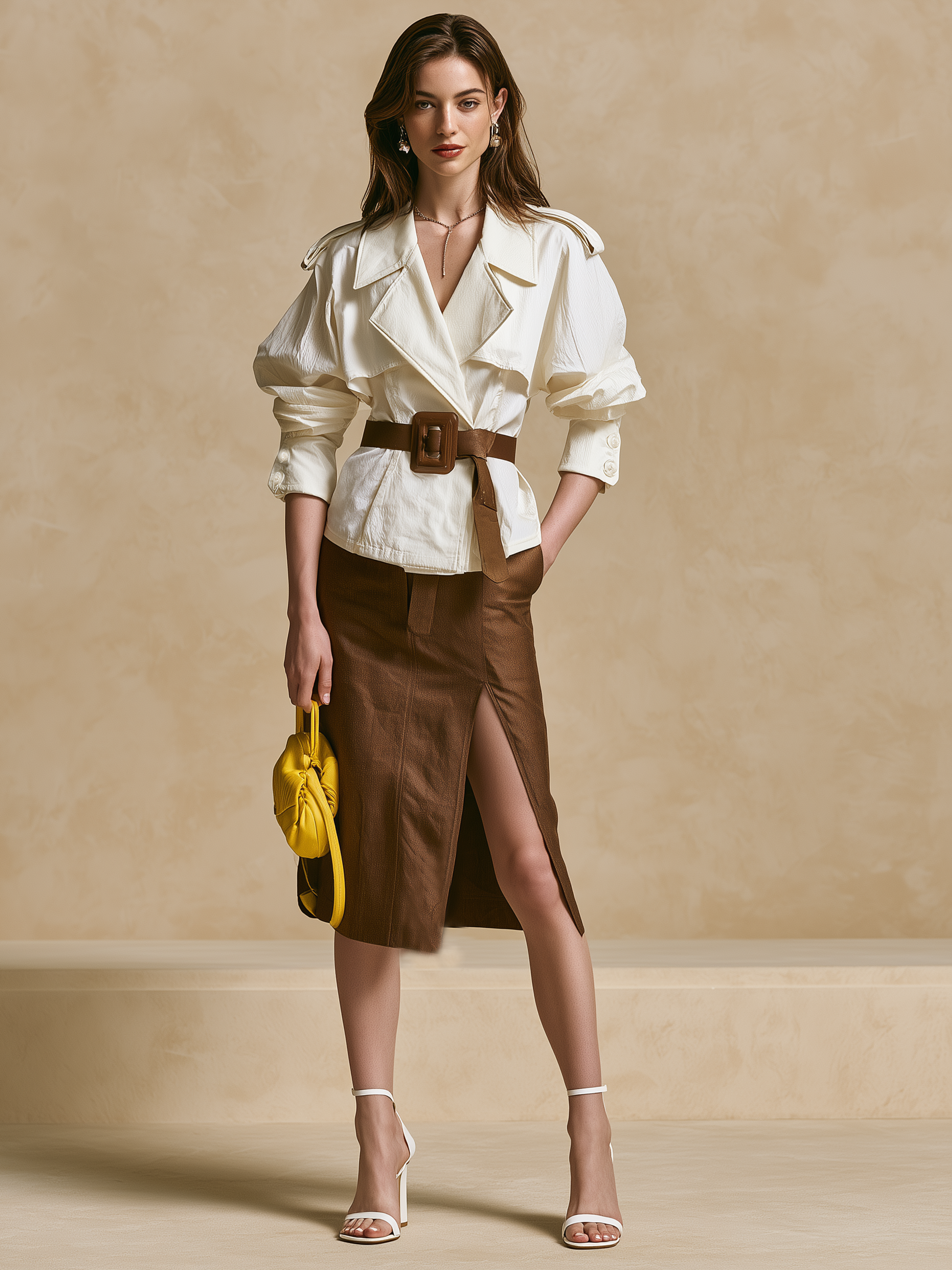 Elegant White Trench Style Blouse & Brown Front Slit Midi Skirt Set